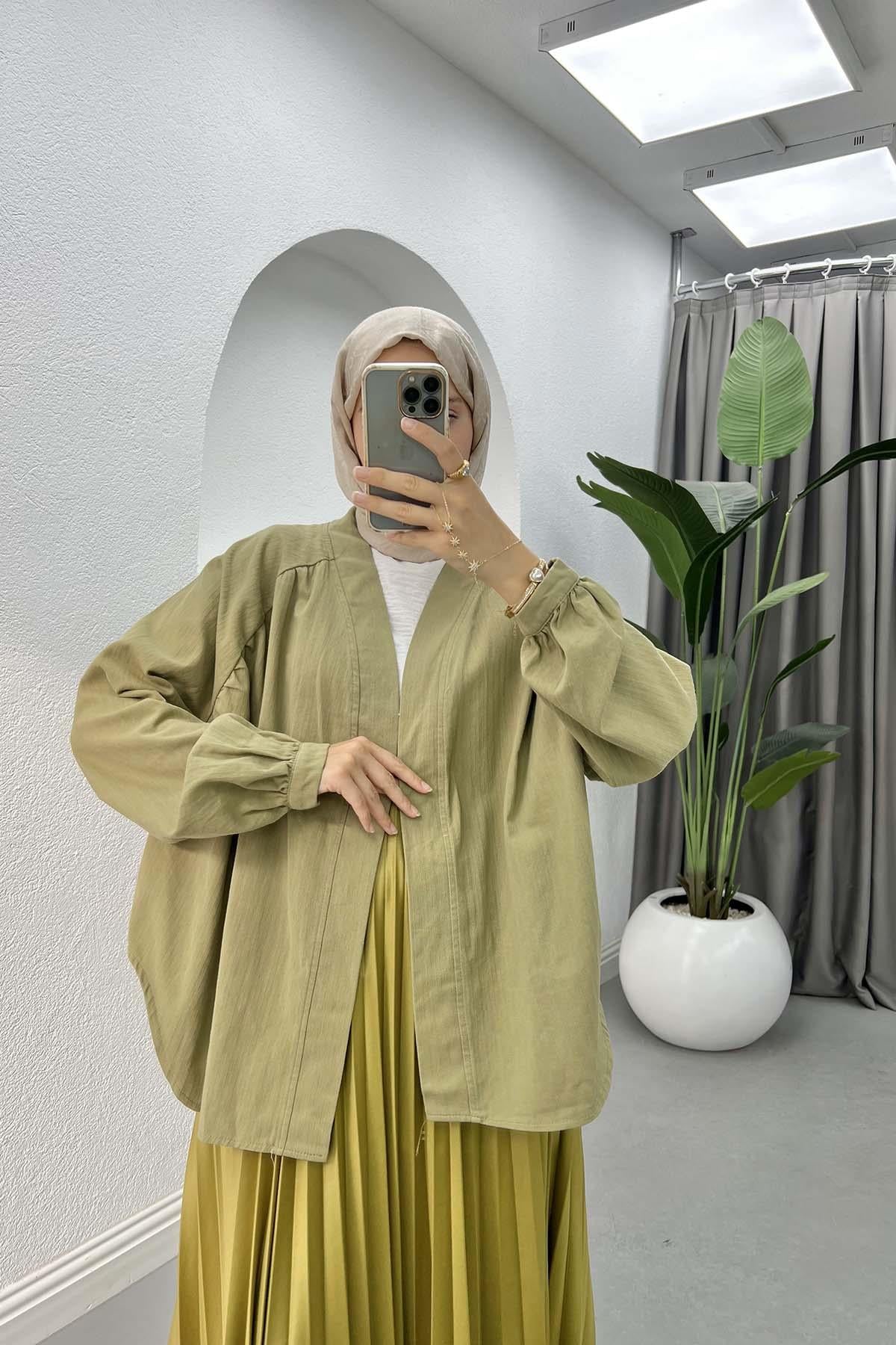 Arkası Pul İşlemeli Kimono Haki