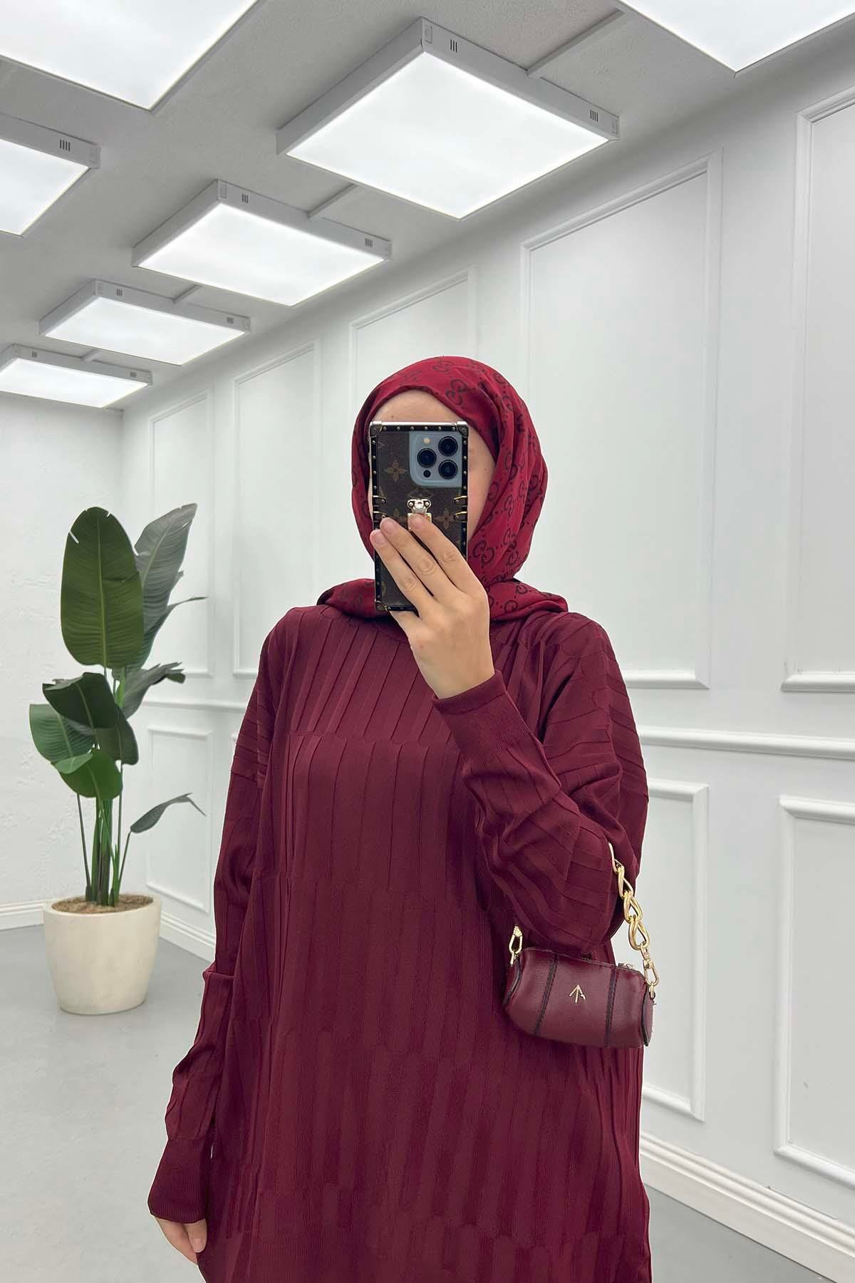 Arkası Uzun Kendinden Desenli Merserize Kazak Bordo