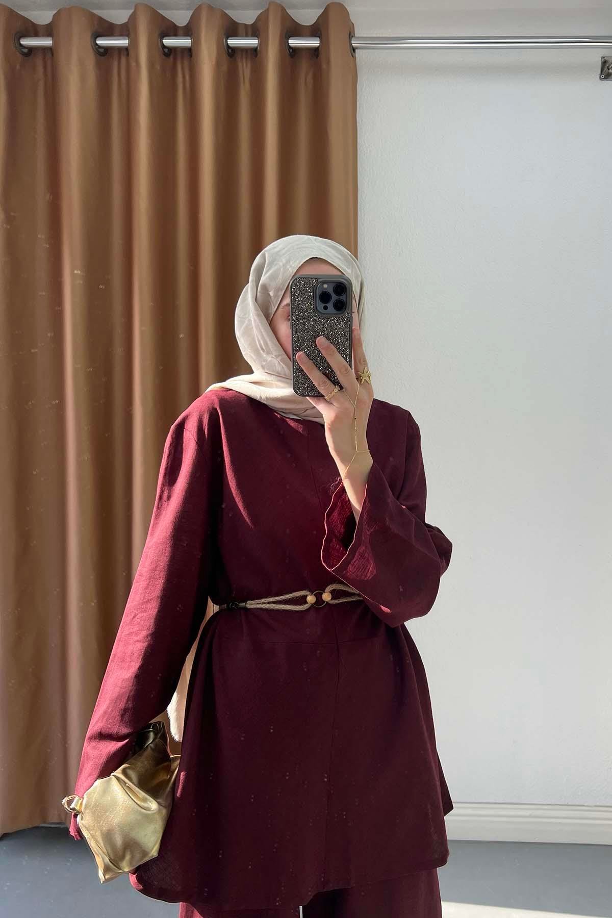 Asimetrik Çizgili Hasır Kolyeli Keten Takım Bordo
