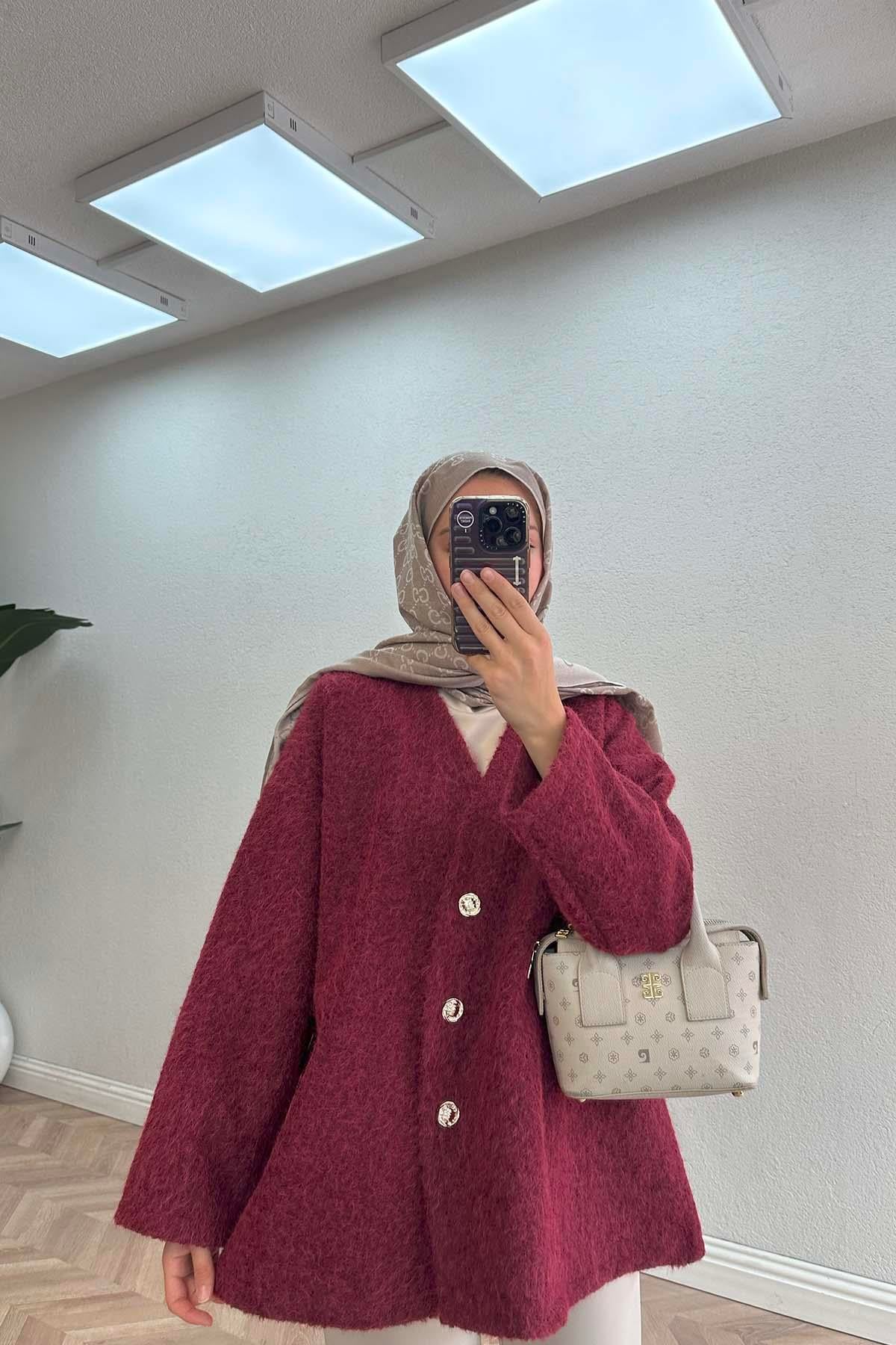 Asimetrik Düğmeli Kaşe Ceket Bordo