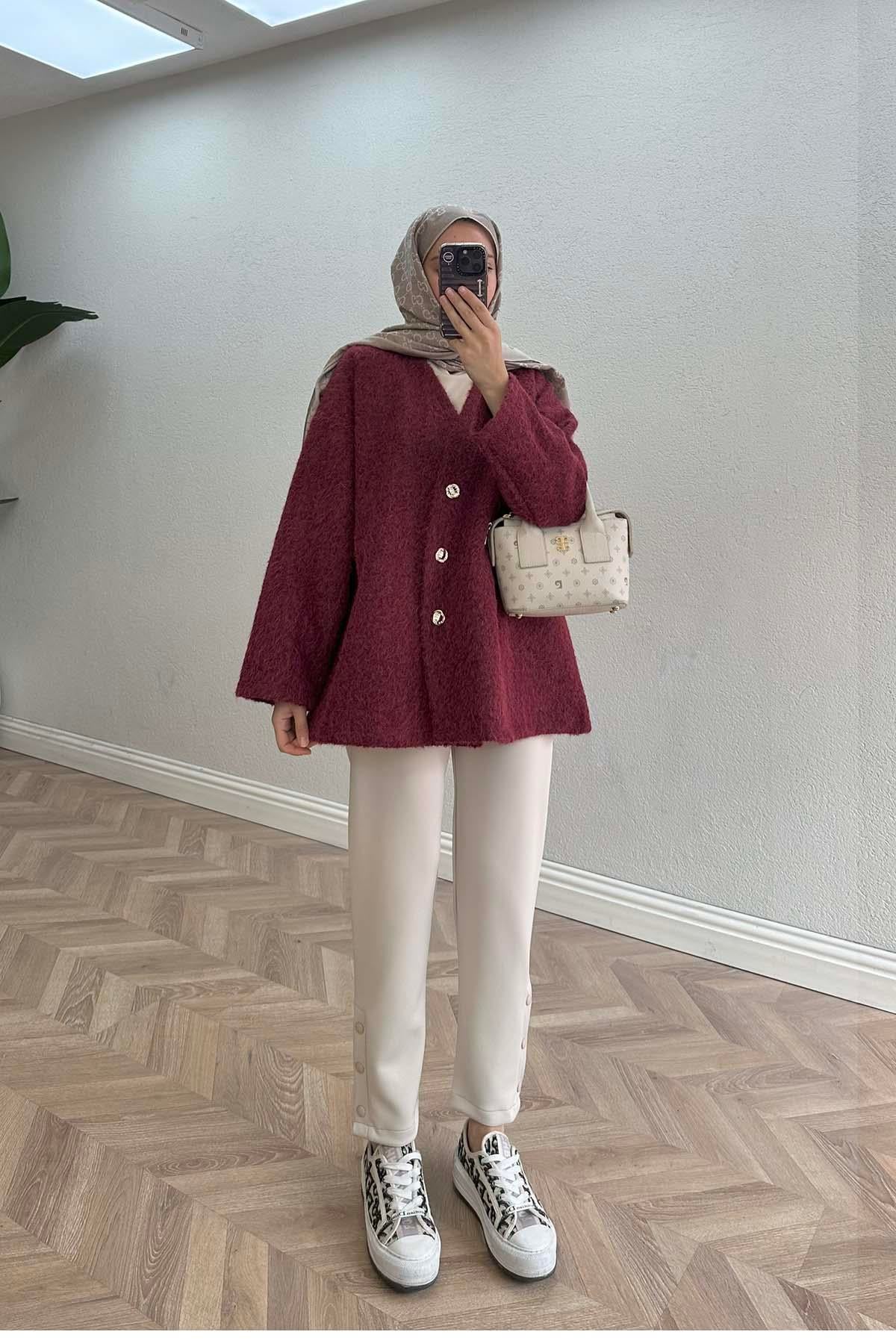 Asimetrik Düğmeli Kaşe Ceket Bordo