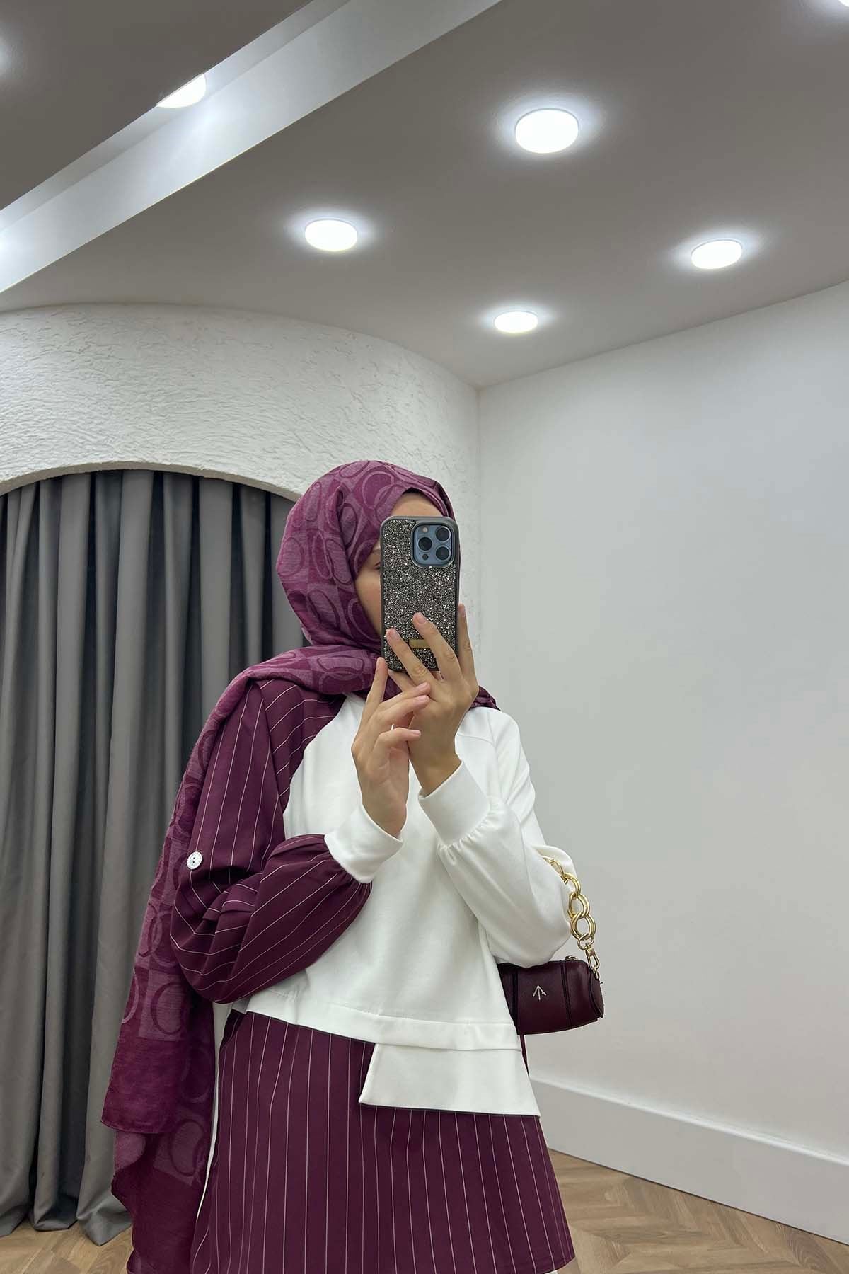 Asimetrik Kesim Çizgili Tunik Bordo