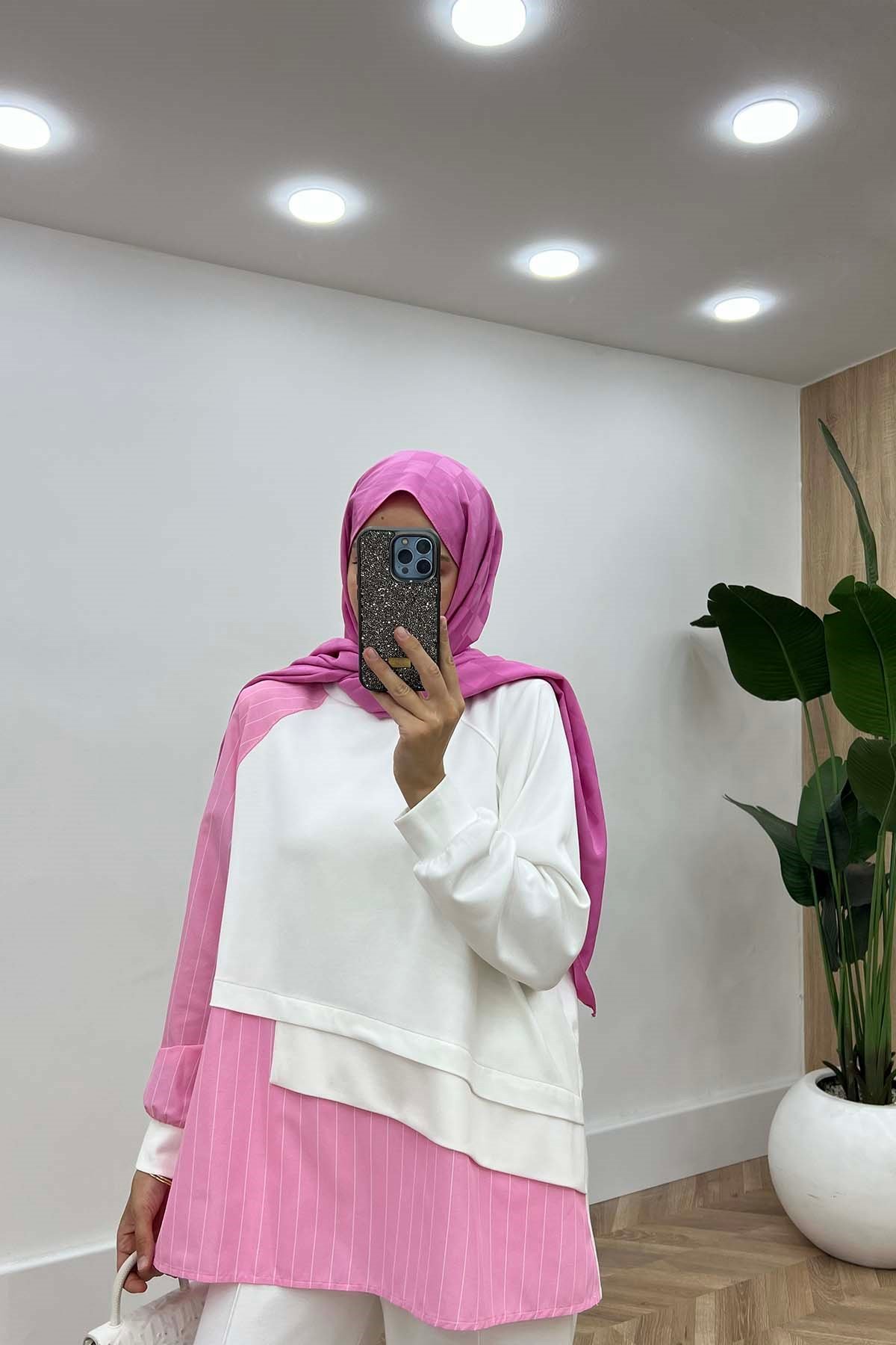 Asimetrik Kesim Çizgili Tunik Pembe
