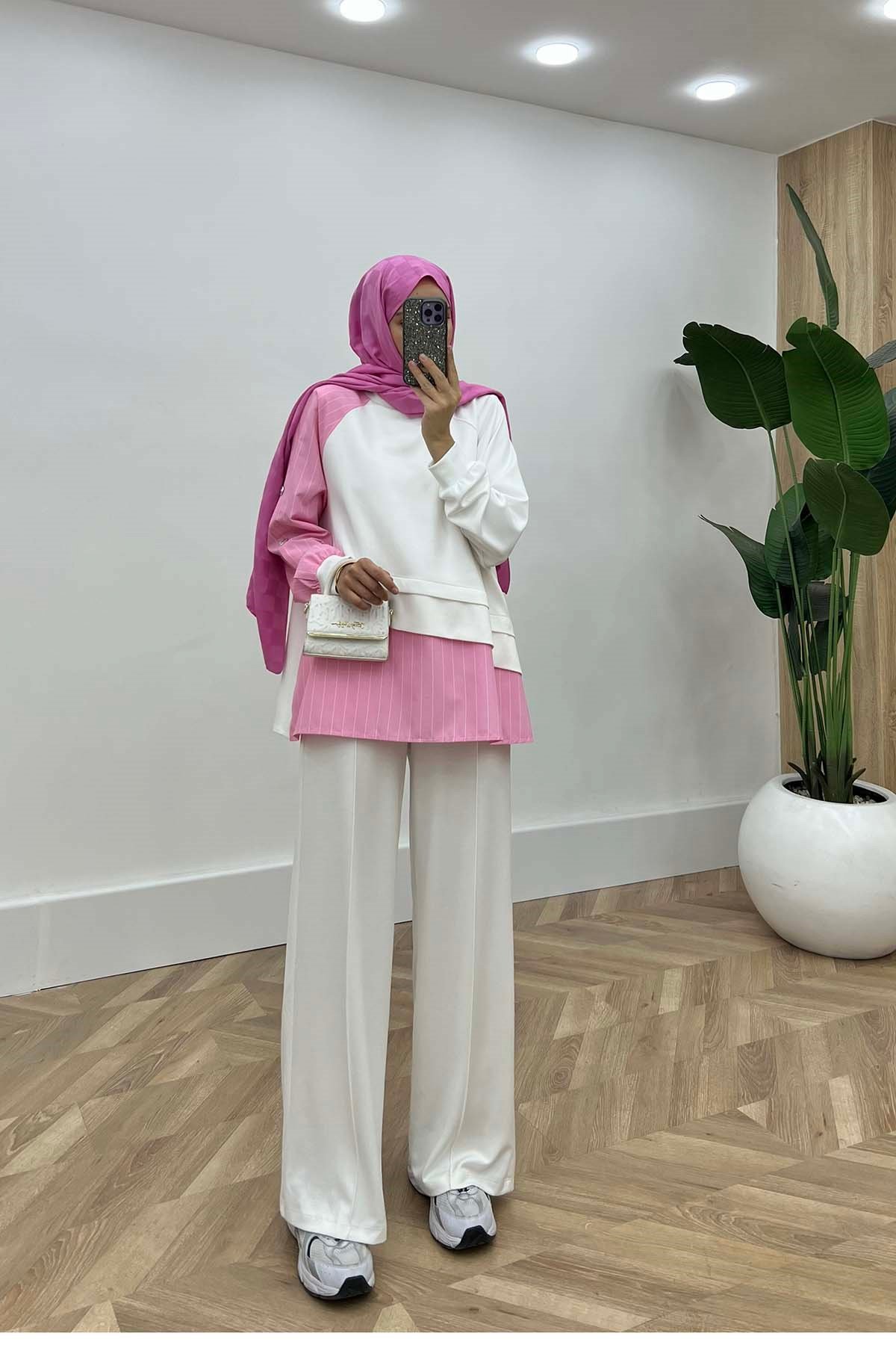 Asimetrik Kesim Çizgili Tunik Pembe