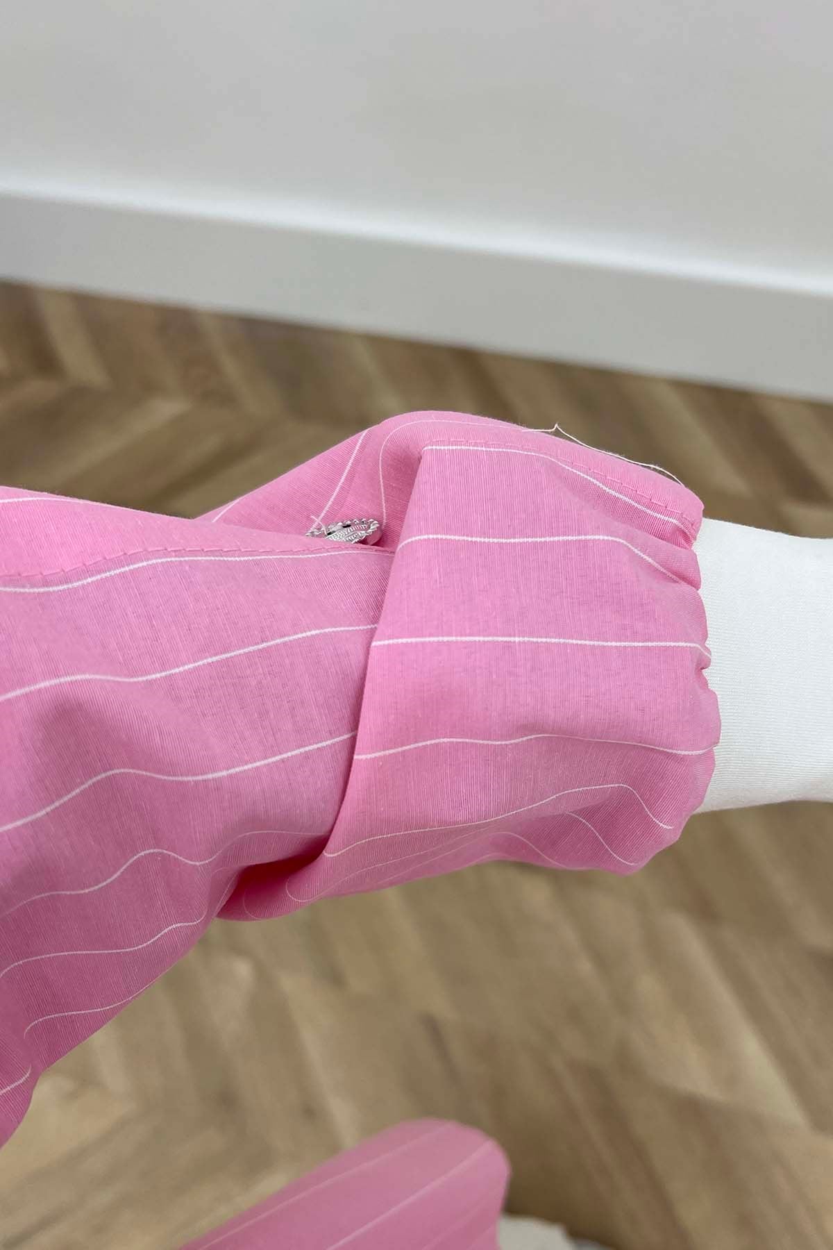 Asimetrik Kesim Çizgili Tunik Pembe