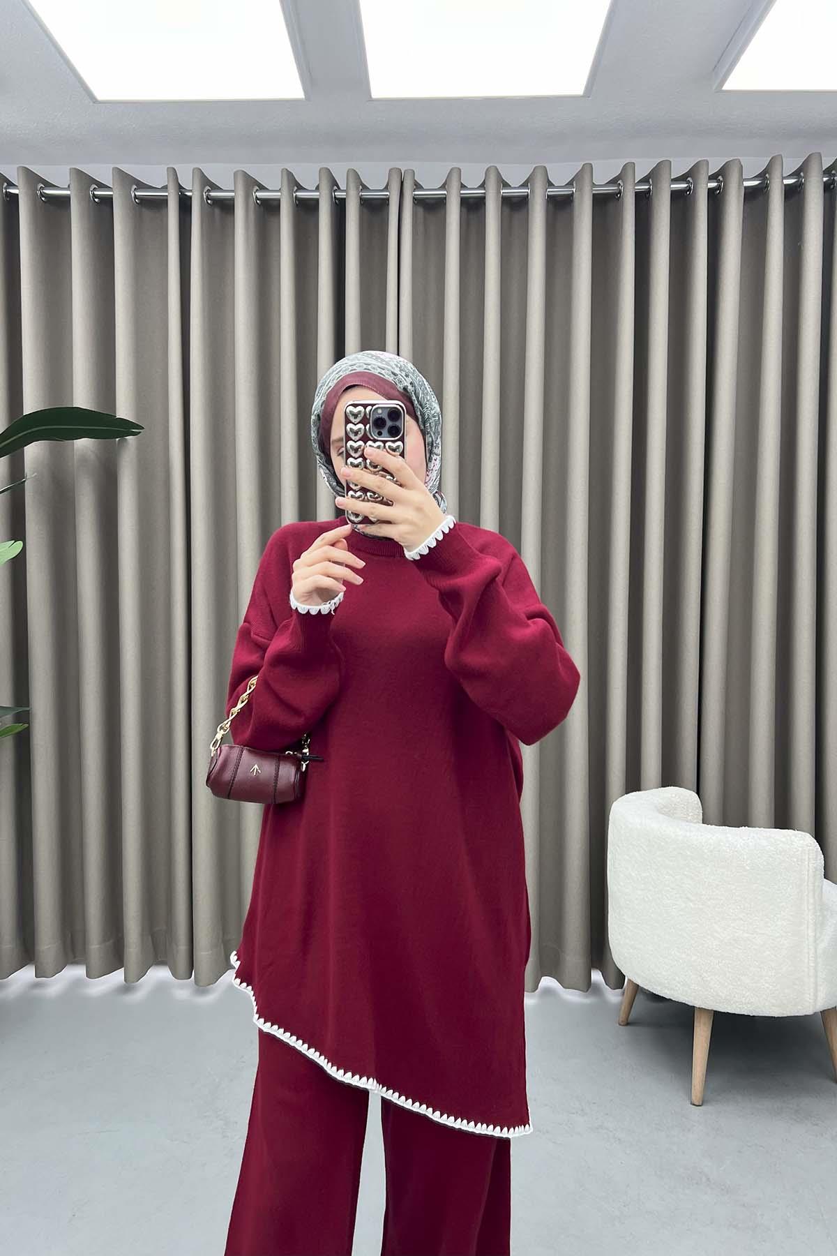Asimetrik Kesim Nakışlı Takım Bordo