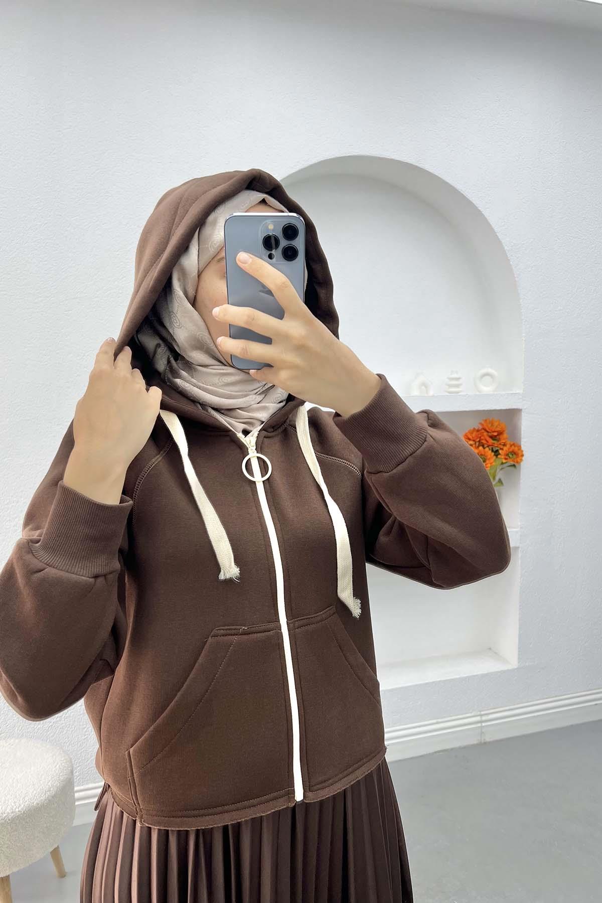 Asimetrik Kesim Sweatshirt Kahve