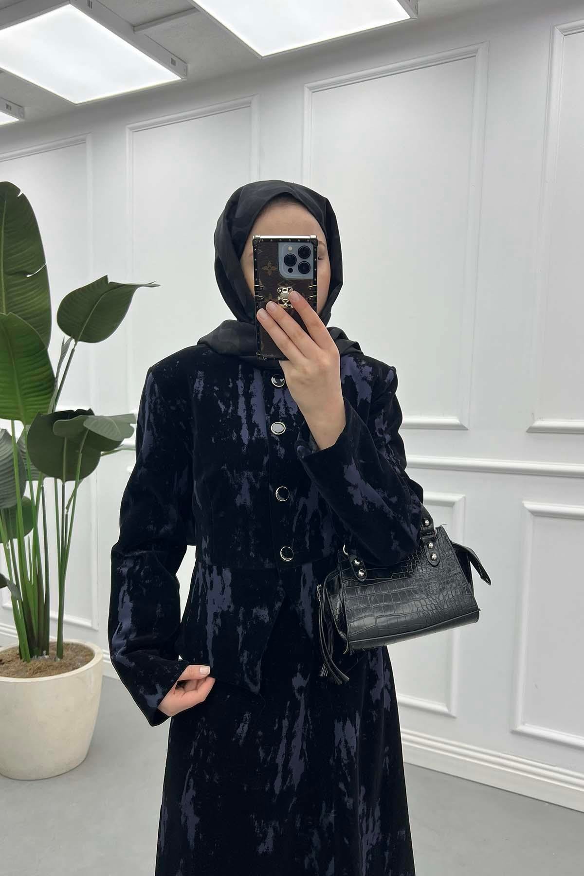 Asit Efektli Velvet Eteklii Takım Siyah-Mavi