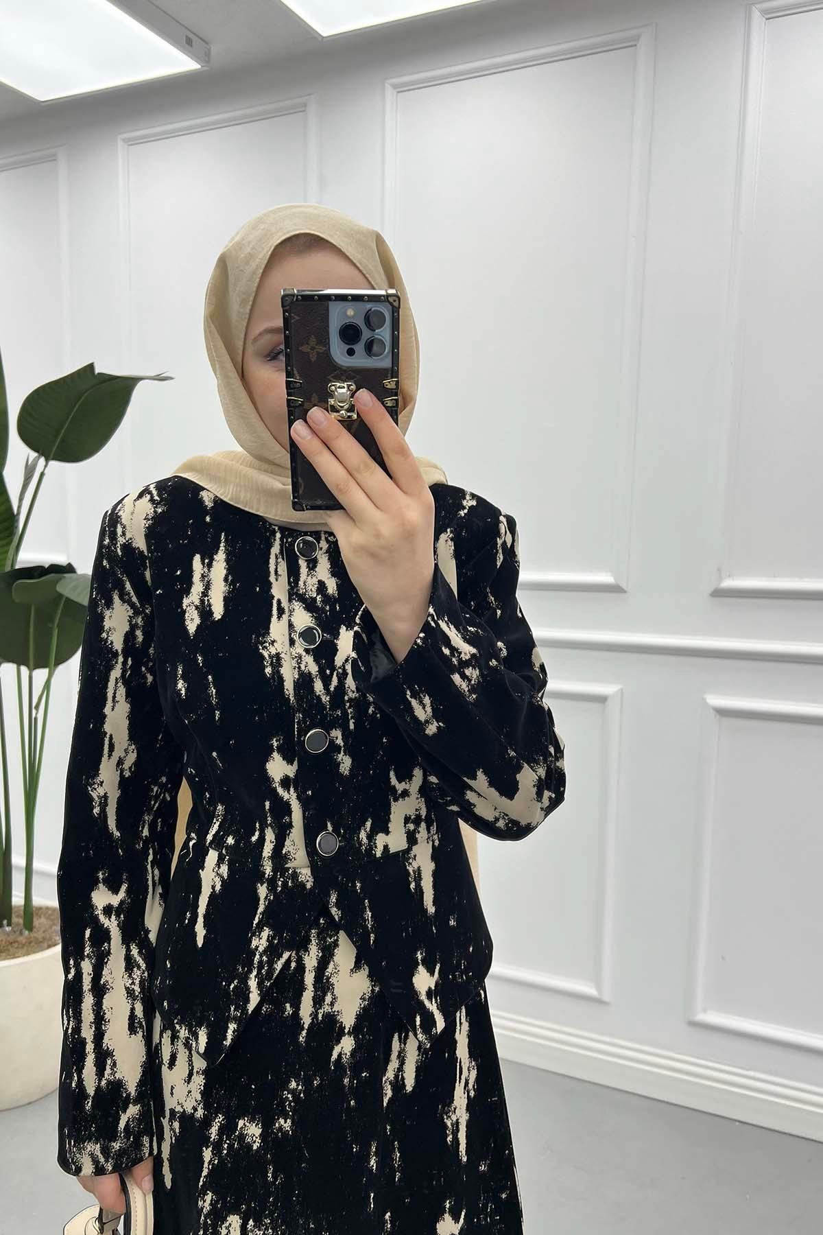 Asit Efektli Velvet Eteklii Takım Siyah- Ekru