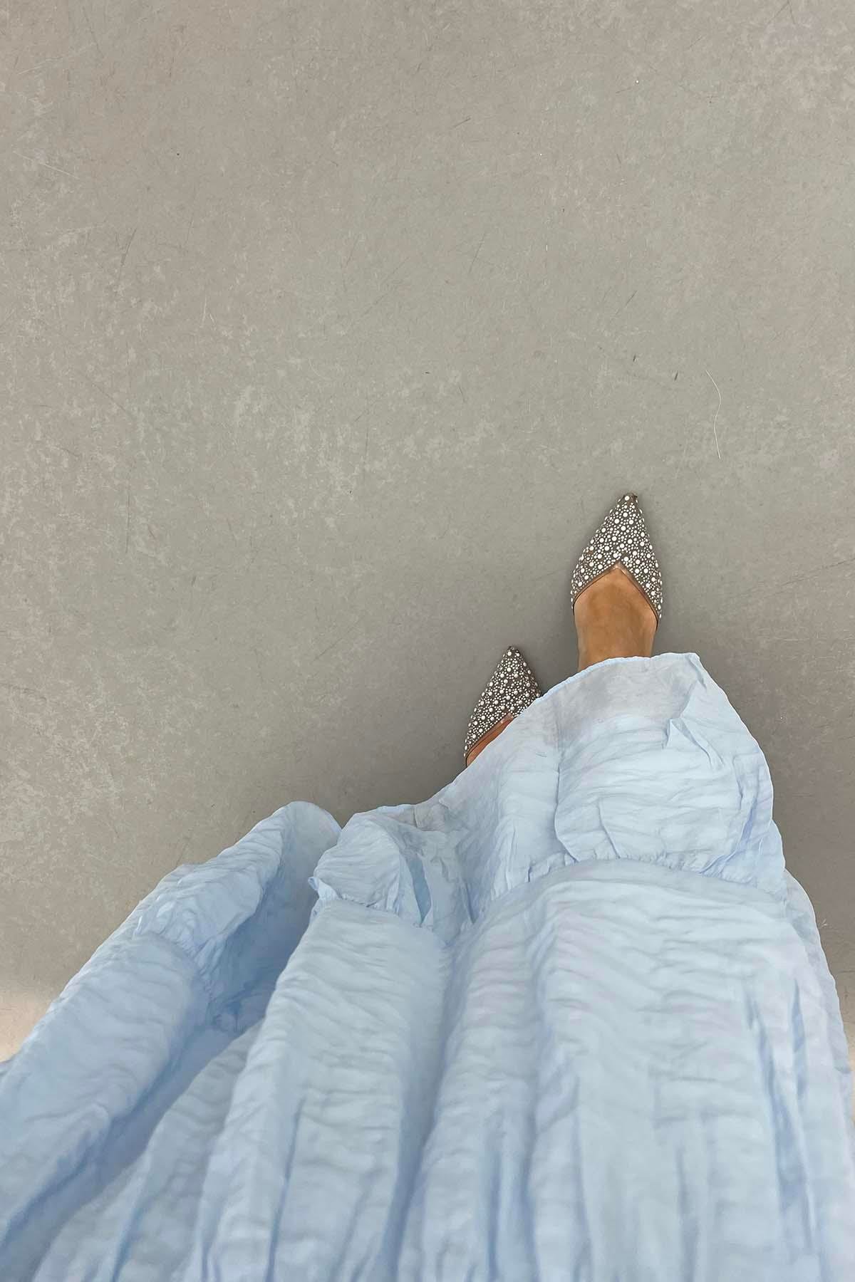 Astarlı Beli Lastikli Tül Etek Mavi