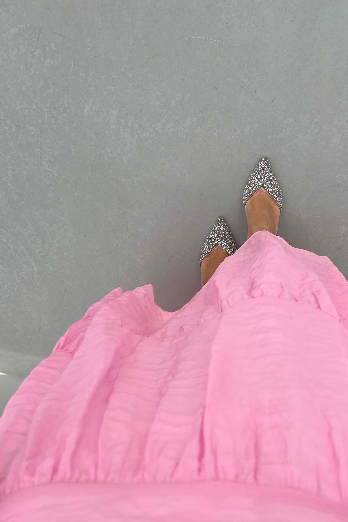 Astarlı Beli Lastikli Tül Etek Pembe