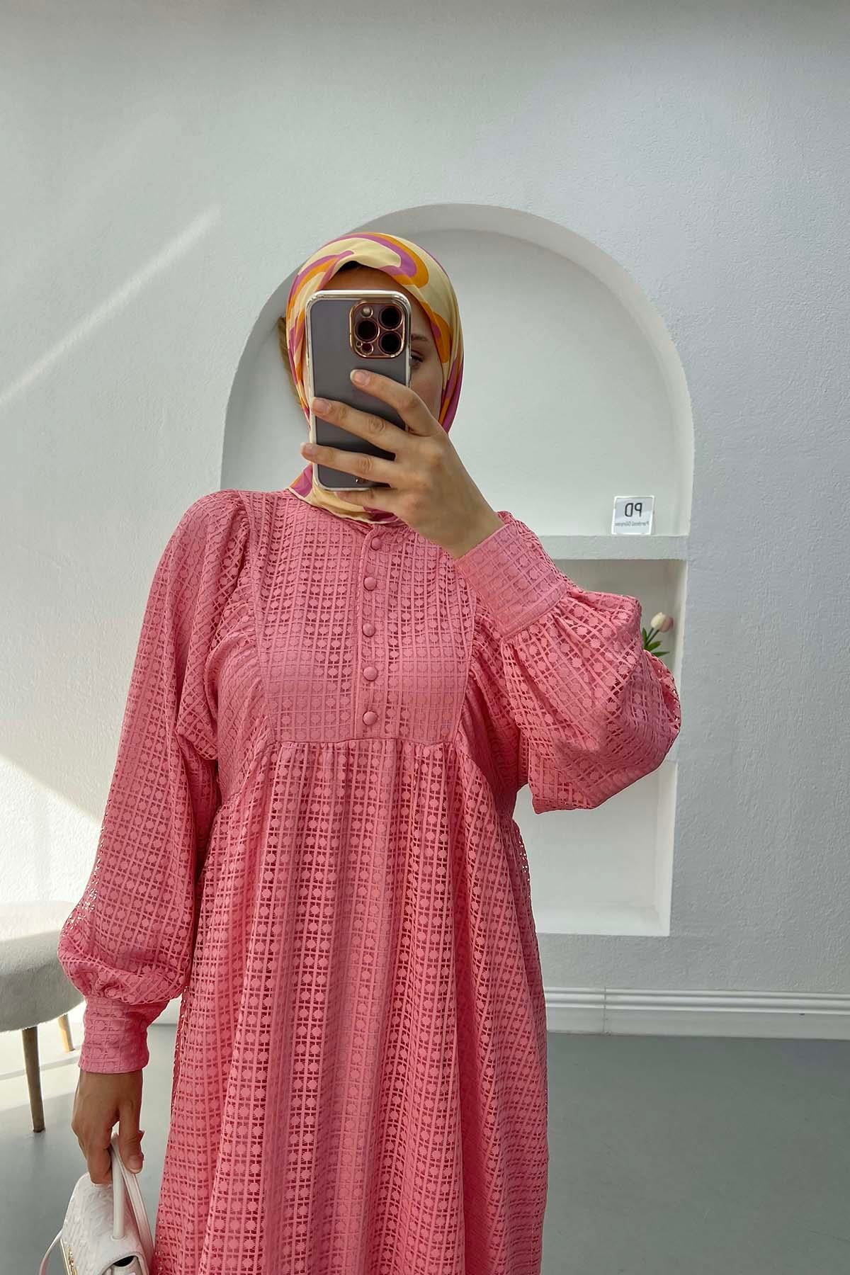 Astarlı Dantel Elbise Pembe