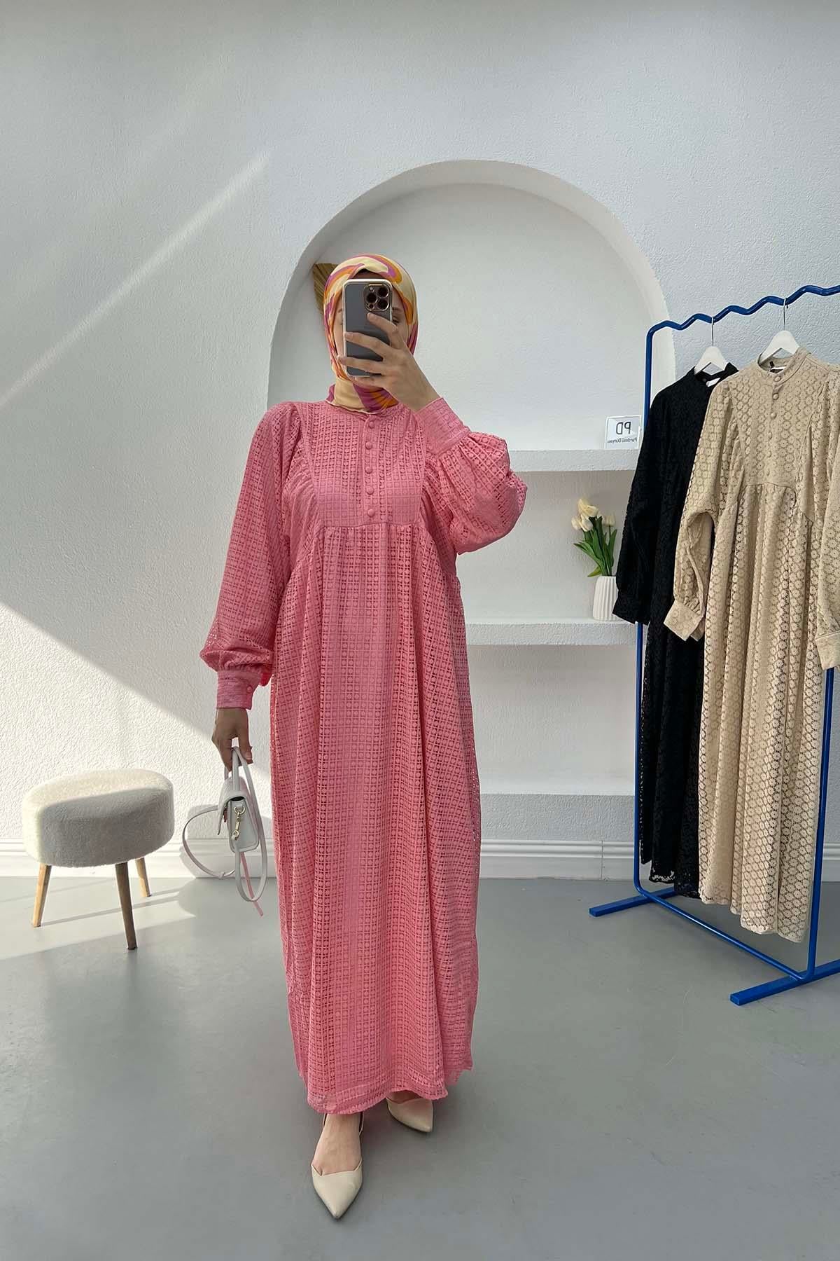 Astarlı Dantel Elbise Pembe
