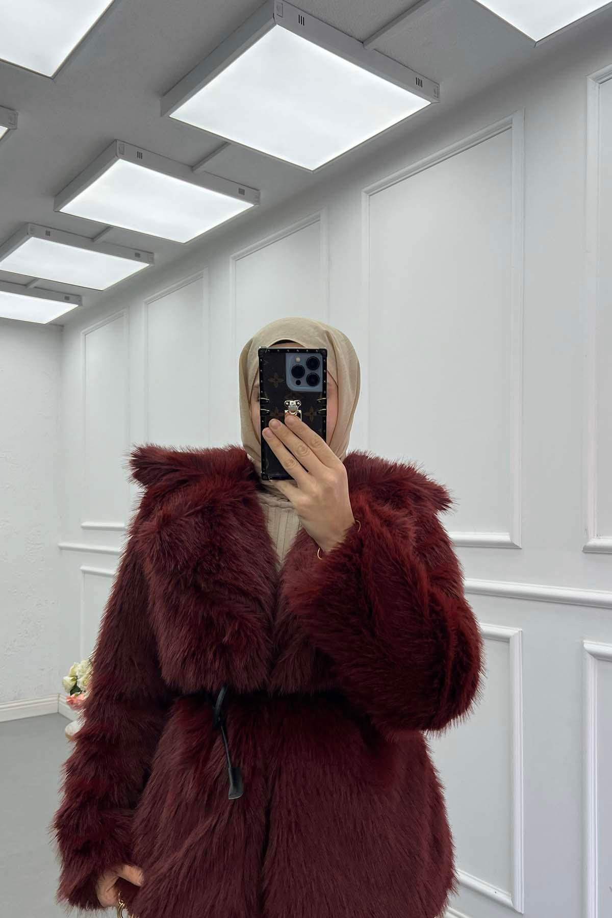Astarlı Deri Kuşaklı Peluş Ceket Bordo