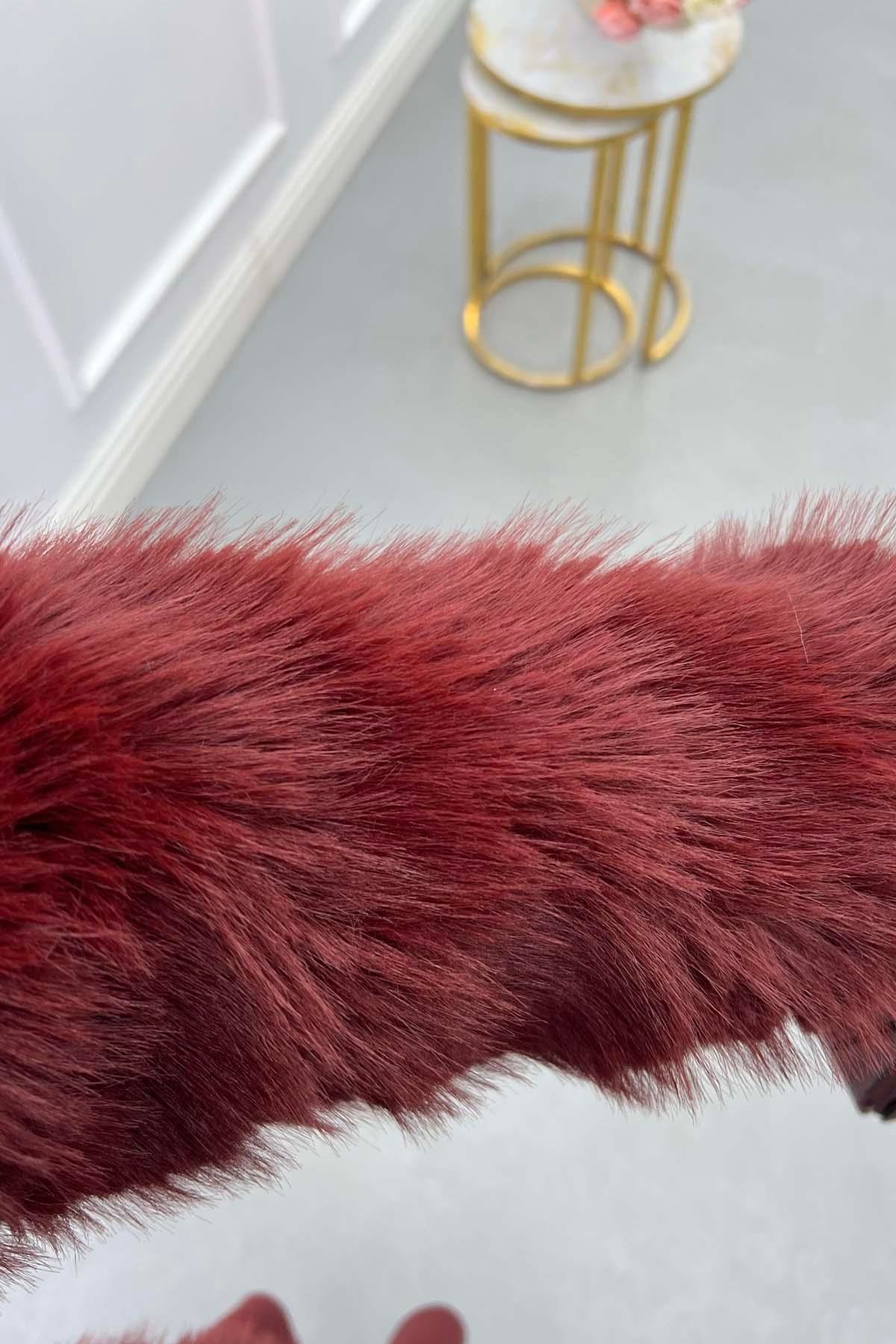 Astarlı Deri Kuşaklı Peluş Ceket Bordo