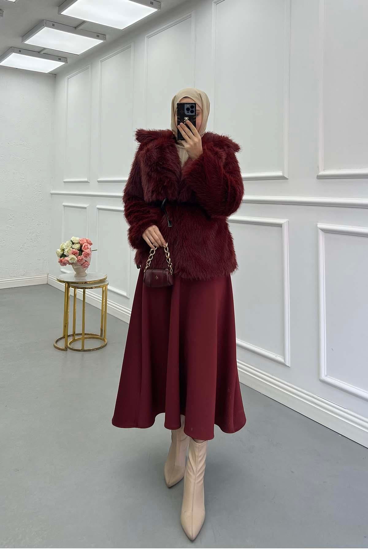 Astarlı Deri Kuşaklı Peluş Ceket Bordo