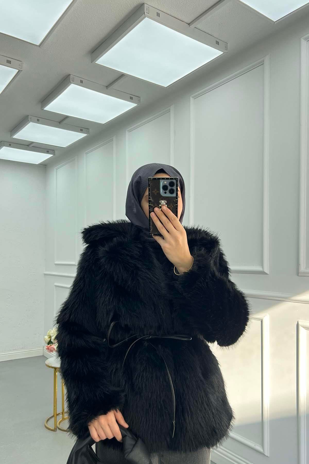 Astarlı Deri Kuşaklı Peluş Ceket Siyah