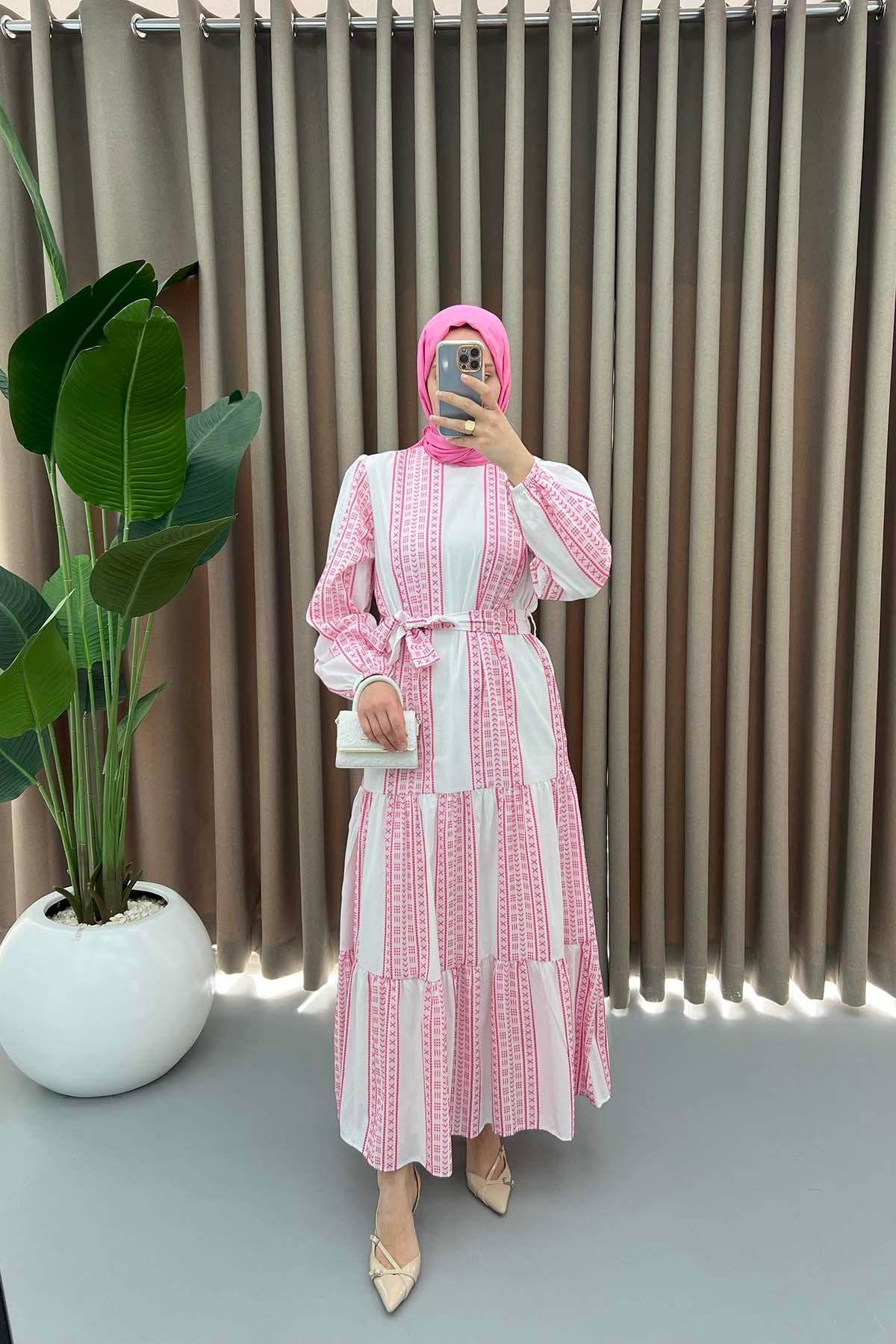 Astarlı Desenli Elbise Pembe