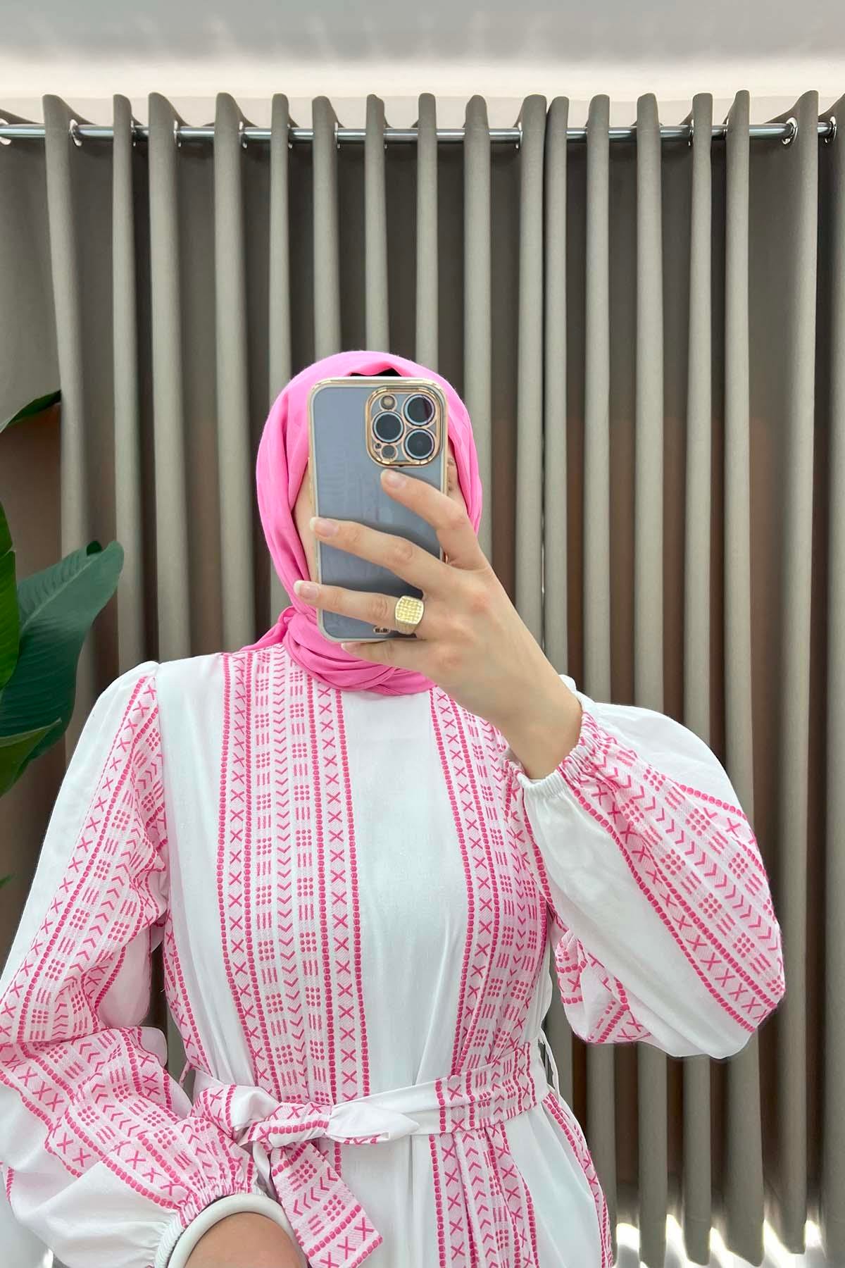Astarlı Desenli Elbise Pembe