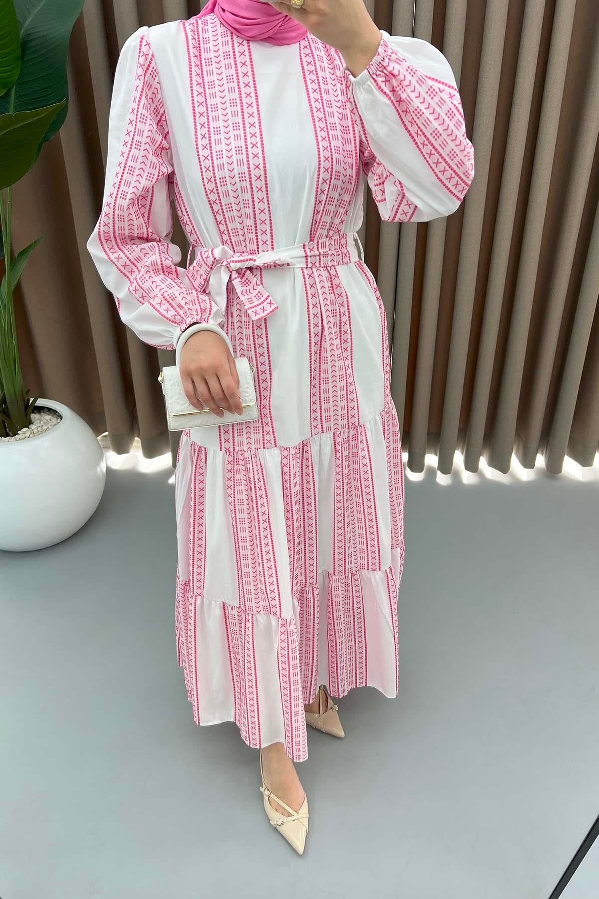 Astarlı Desenli Elbise Pembe