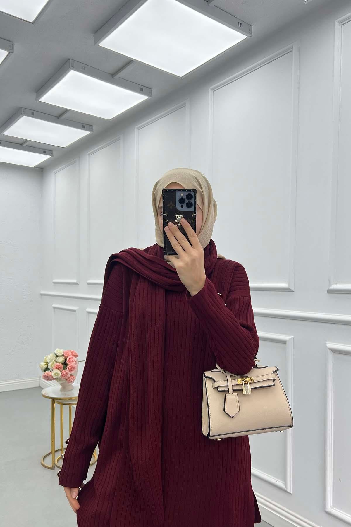 Atkılı Fitilli Triko Takım Bordo
