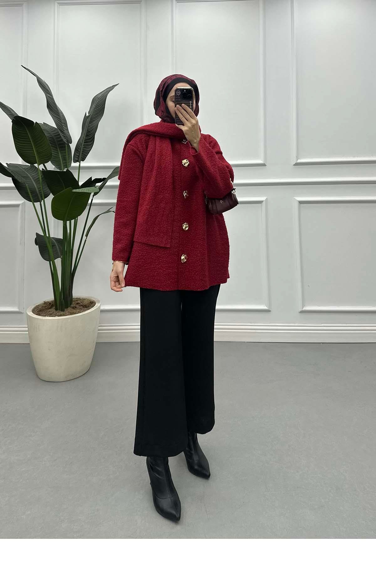 Atkılı Peluş Ceket Bordo