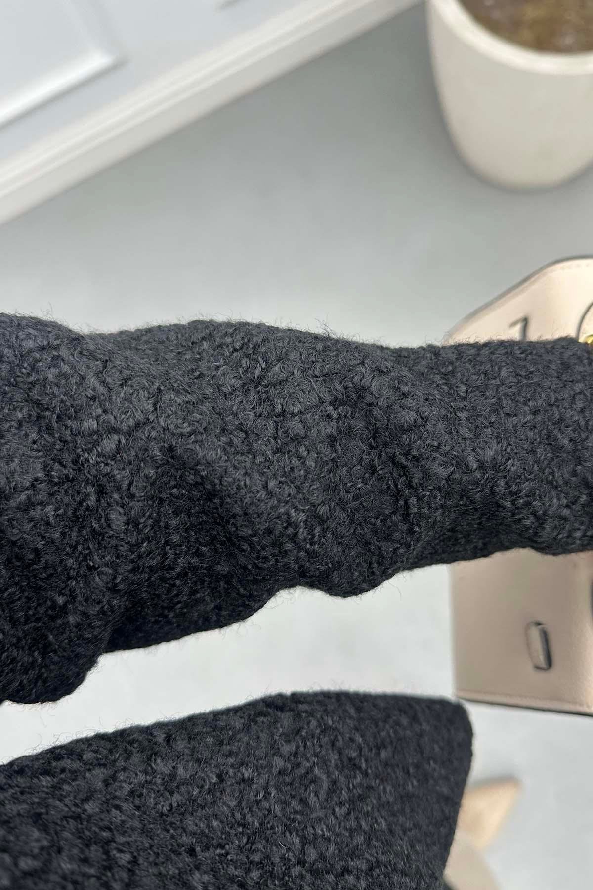 Atkılı Peluş Ceket Siyah