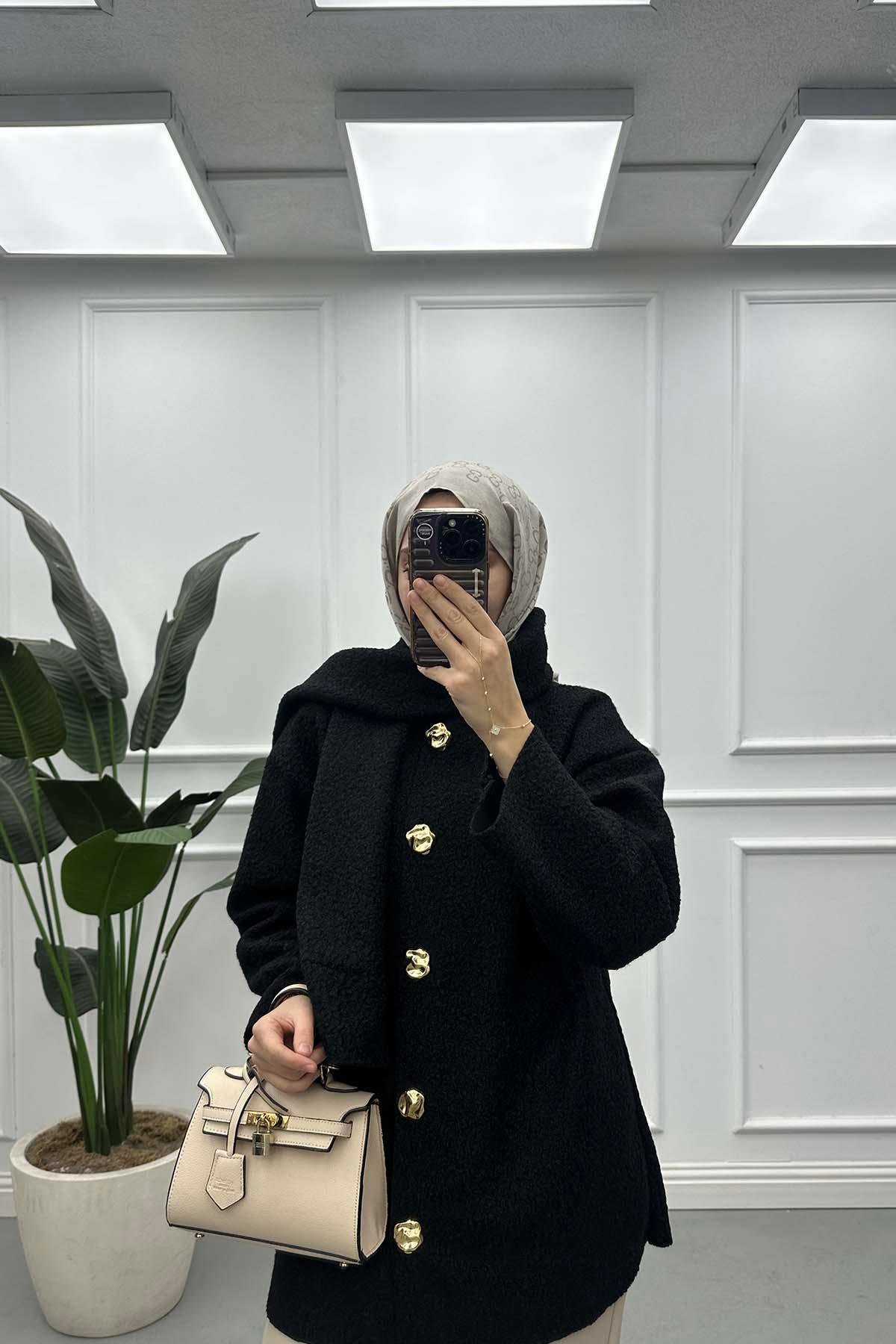 Atkılı Peluş Ceket Siyah