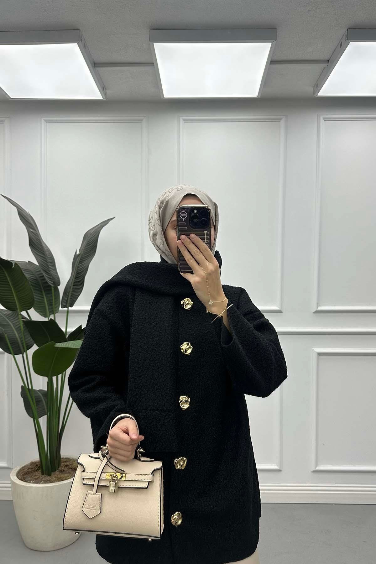 Atkılı Peluş Ceket Siyah
