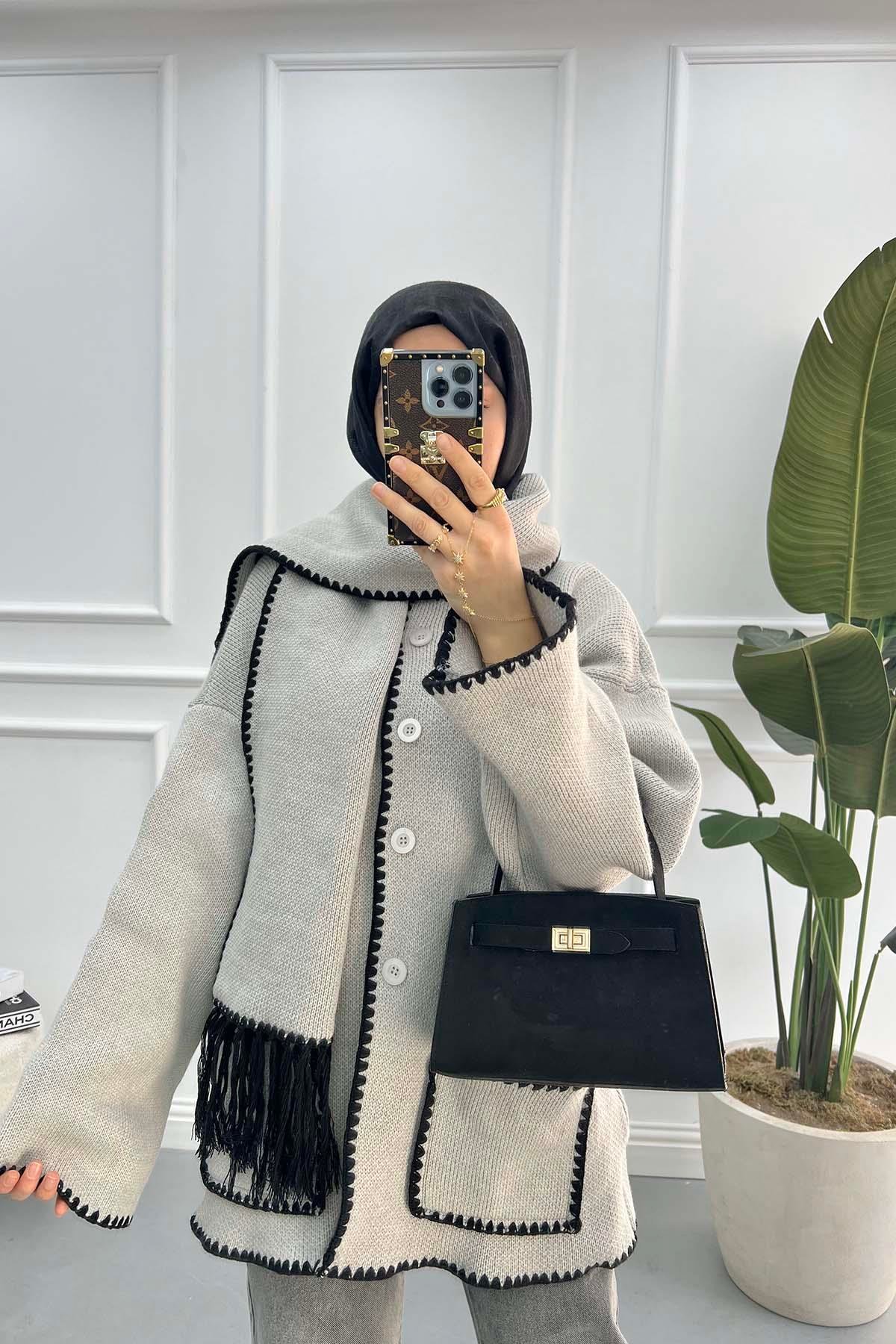 Atkılı Pinterest Hırka Açık Gri