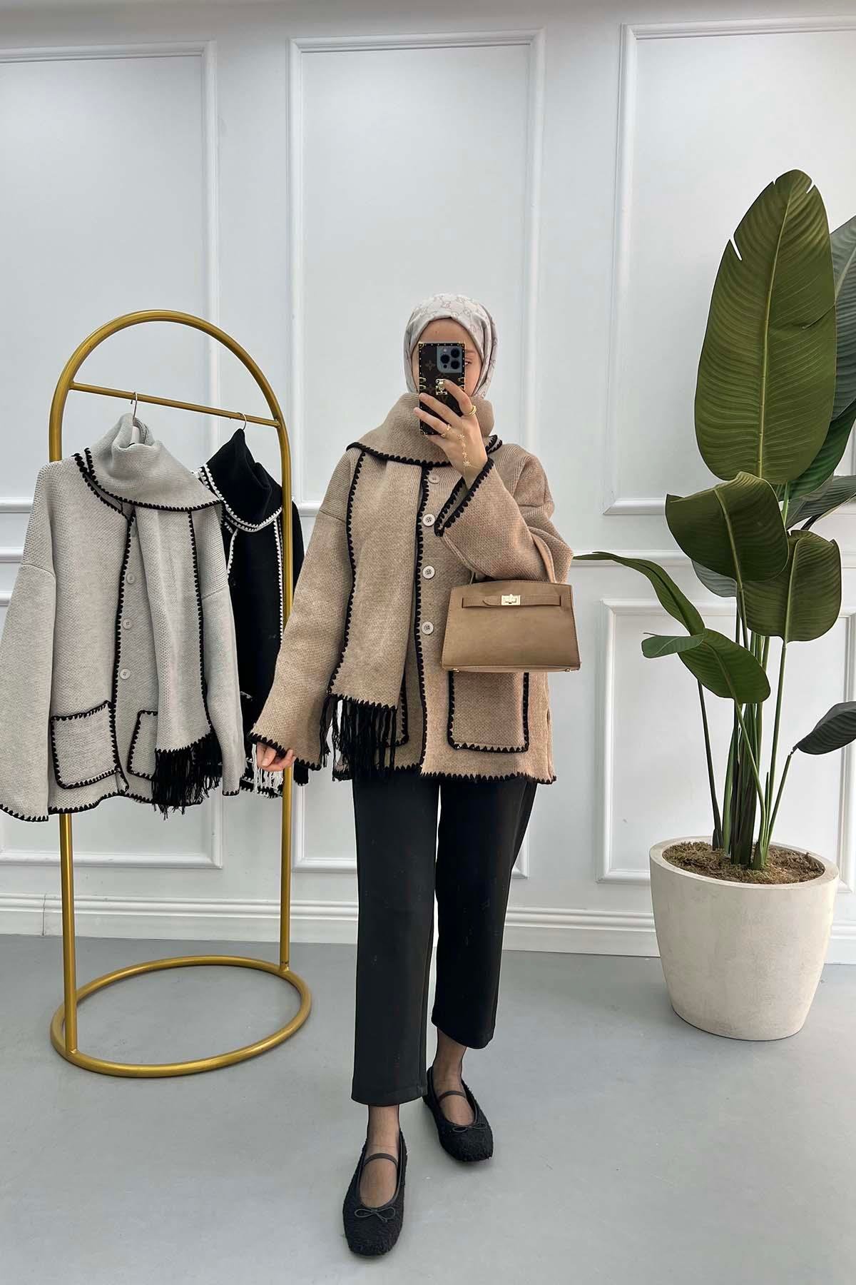 Atkılı Pinterest Hırka Sütlü Kahve
