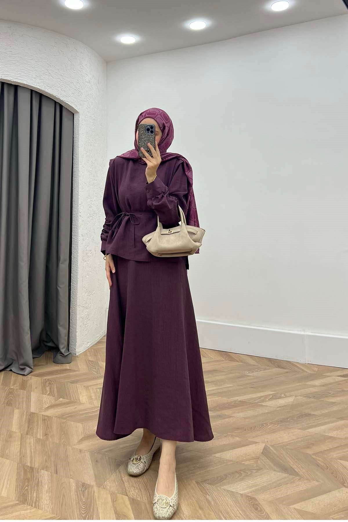 Aura Kolu Büzgülü Keten Dokulu İkili Takım Mürdüm