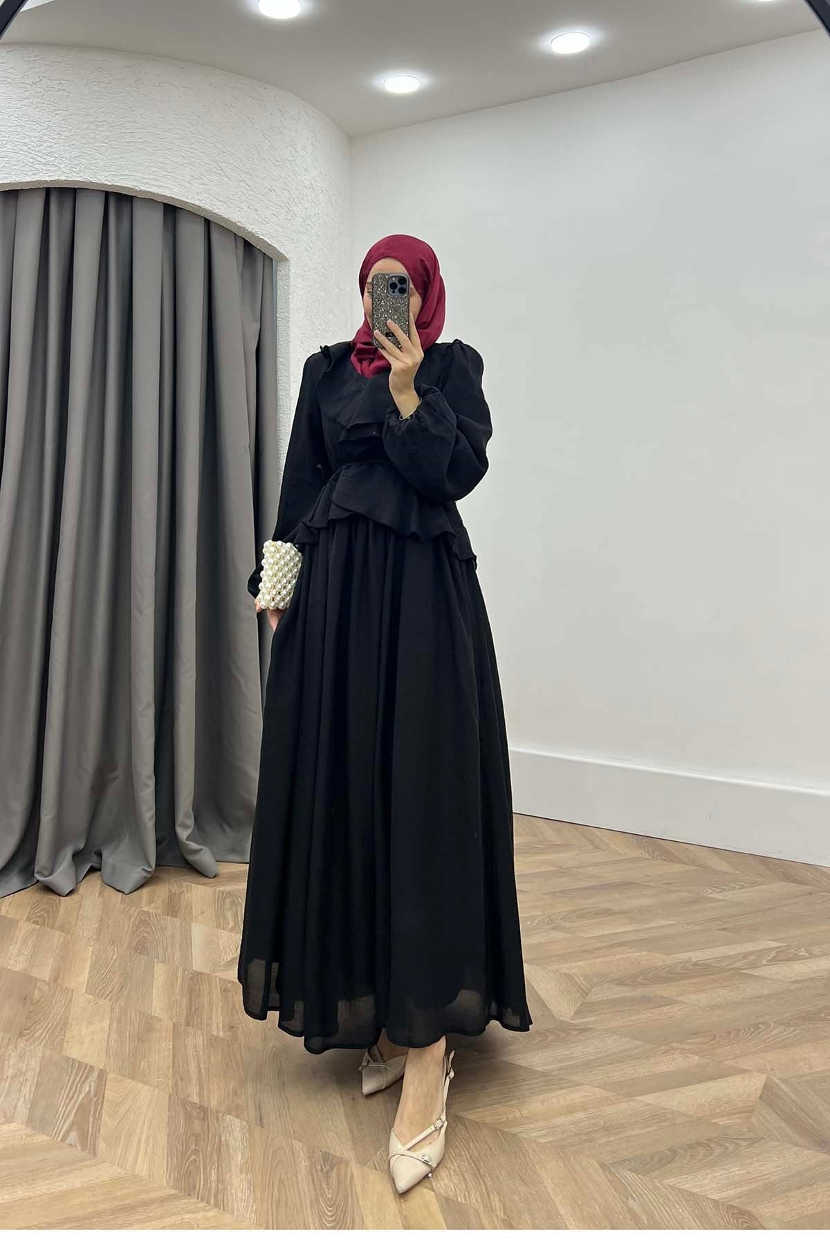 Aura Volan Detaylı Maxi Elbise Siyah