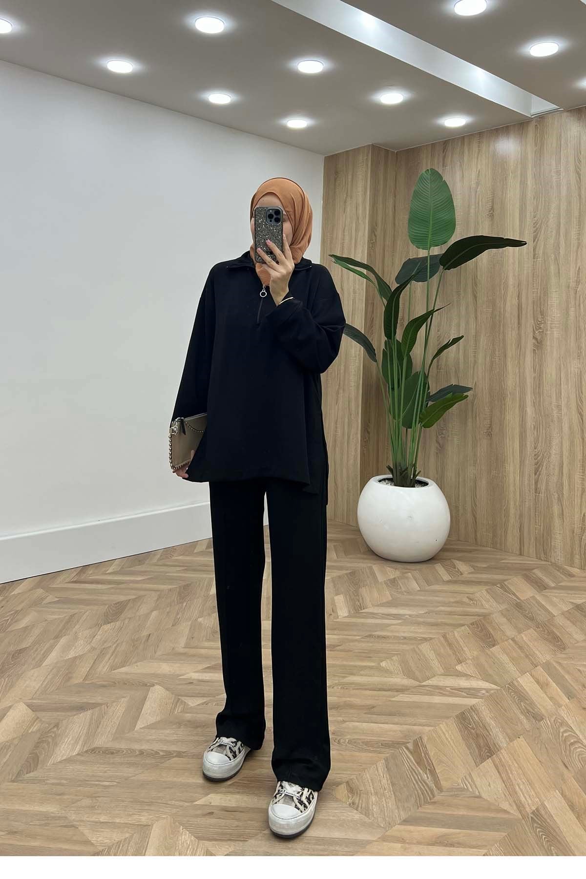 Aura Yarım Fermuar Dik Yaka İkili Takım Siyah