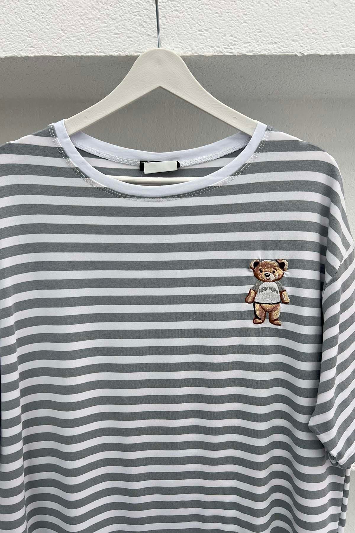 Ayıcık Figürlü Çizgili T-Shirt Gri