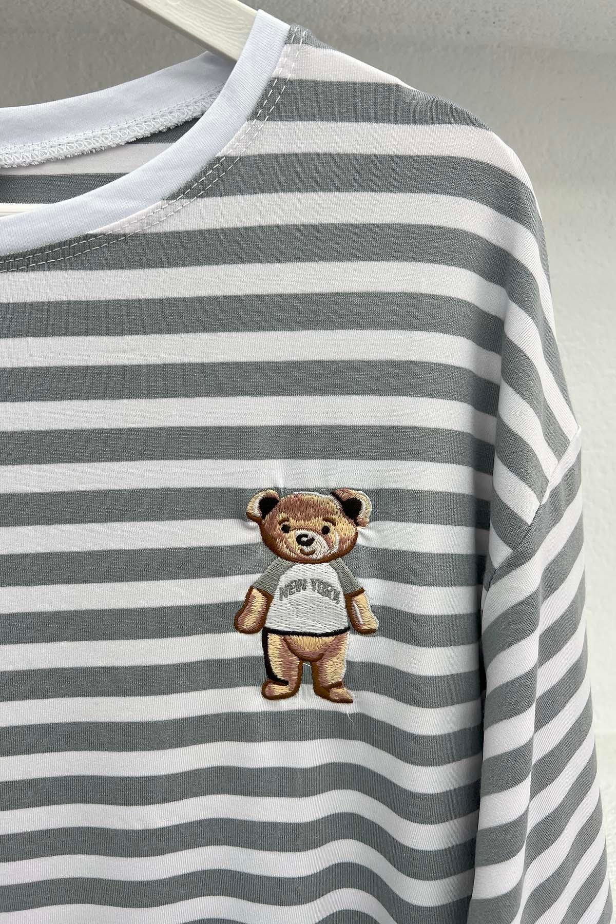 Ayıcık Figürlü Çizgili T-Shirt Gri