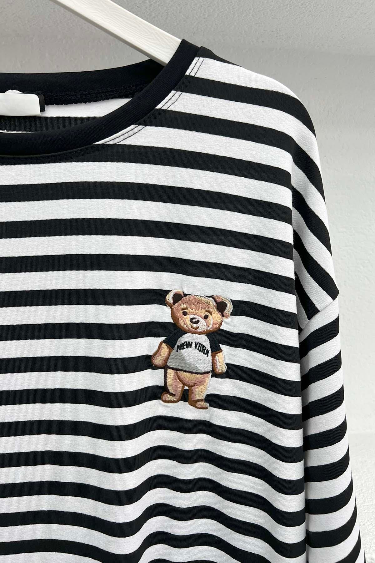 Ayıcık Figürlü Çizgili T-Shirt Siyah