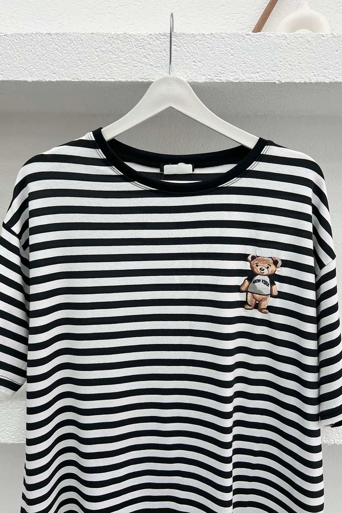Ayıcık Figürlü Çizgili T-Shirt Siyah