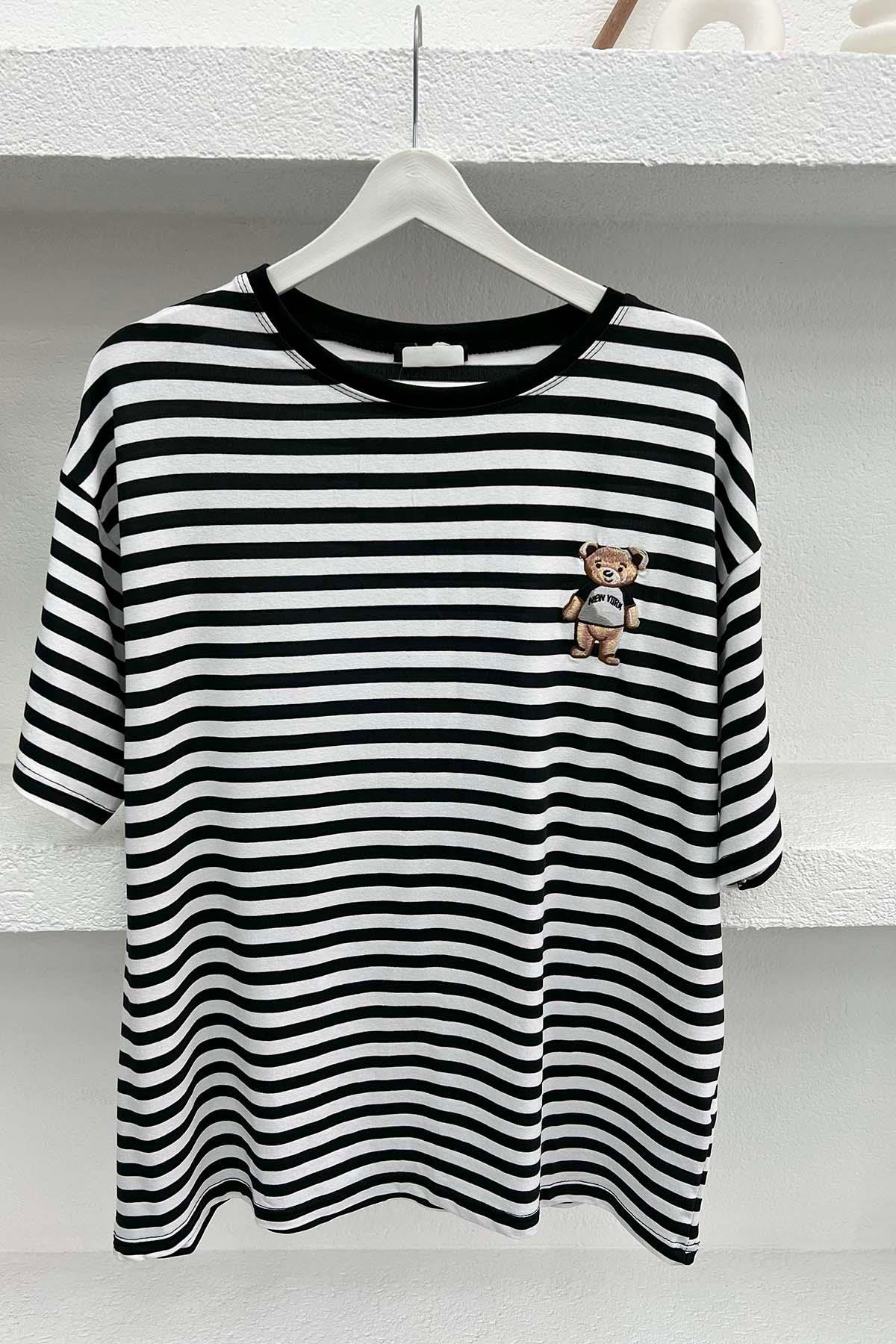 Ayıcık Figürlü Çizgili T-Shirt Siyah