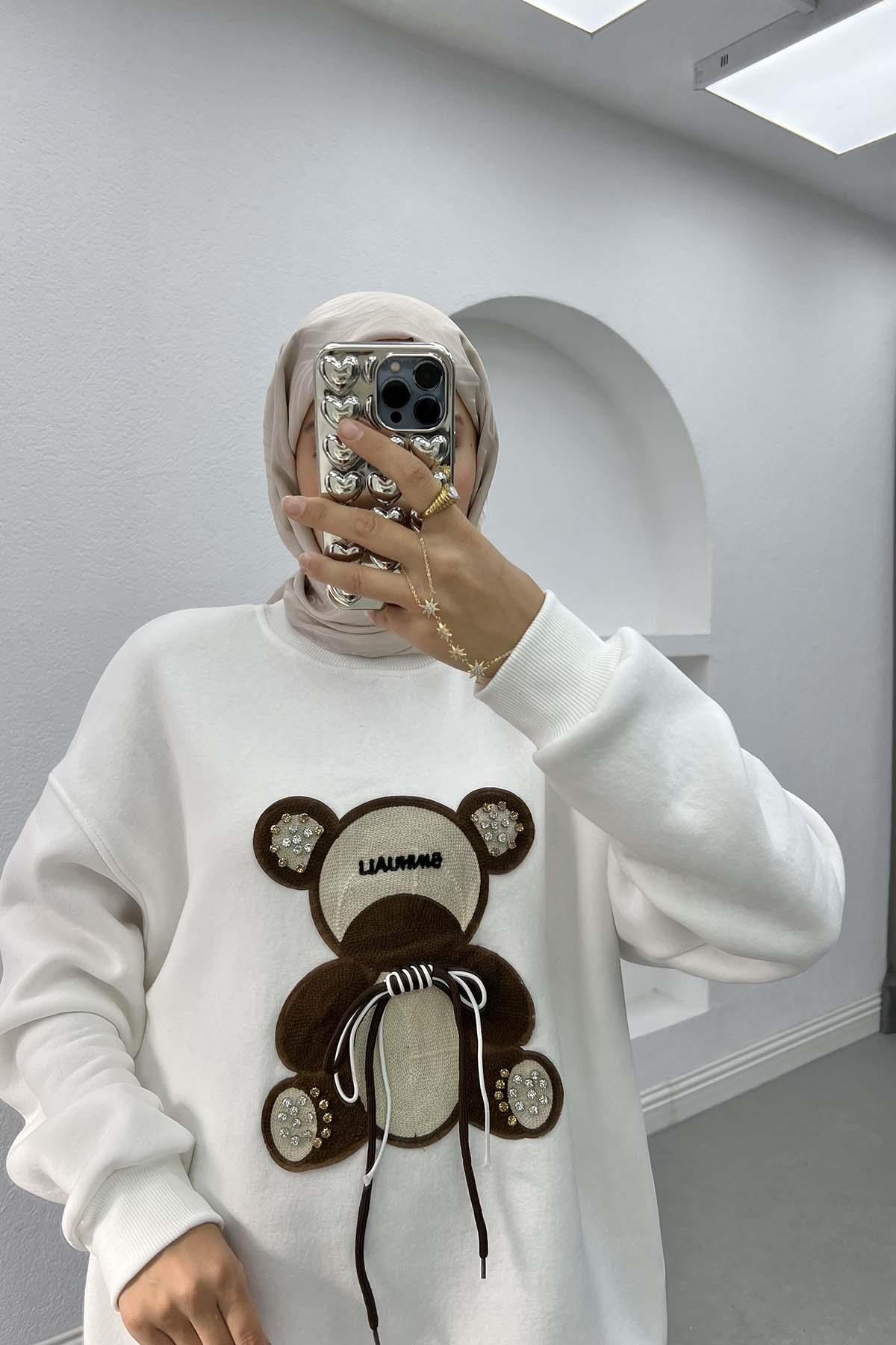 Ayıcık Figürlü Taşlı Sweatshirt Beyaz