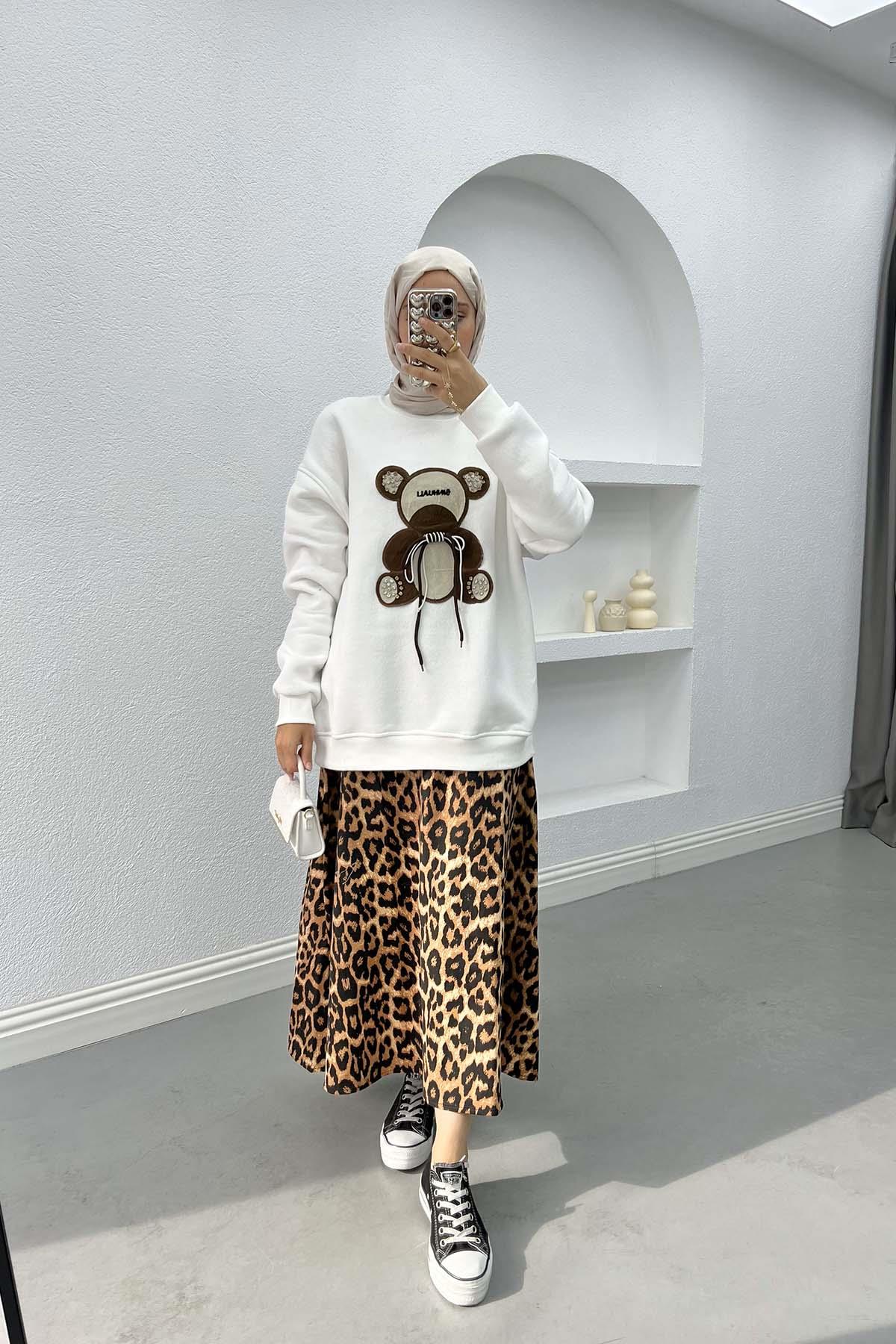 Ayıcık Figürlü Taşlı Sweatshirt Beyaz
