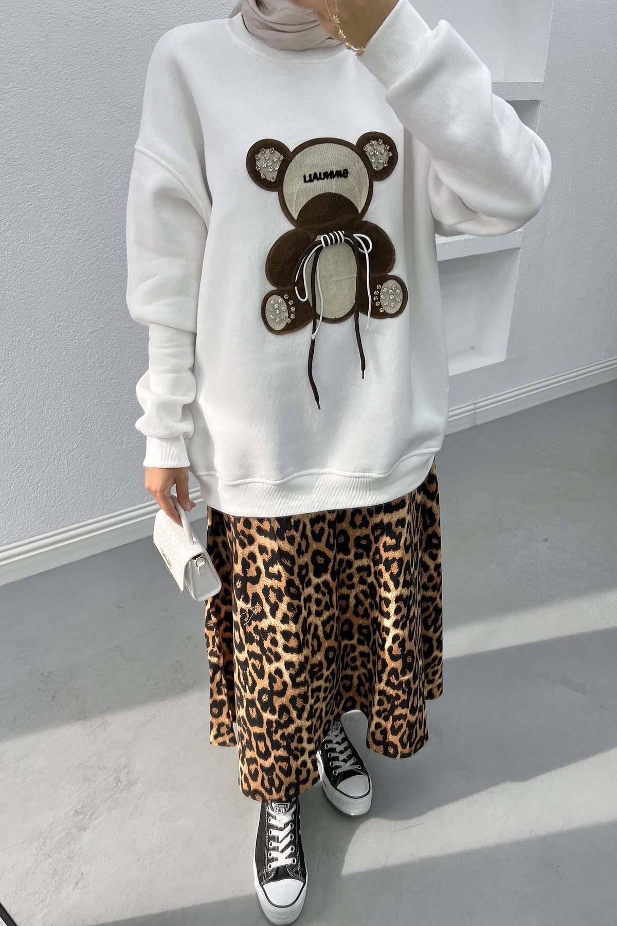 Ayıcık Figürlü Taşlı Sweatshirt Beyaz