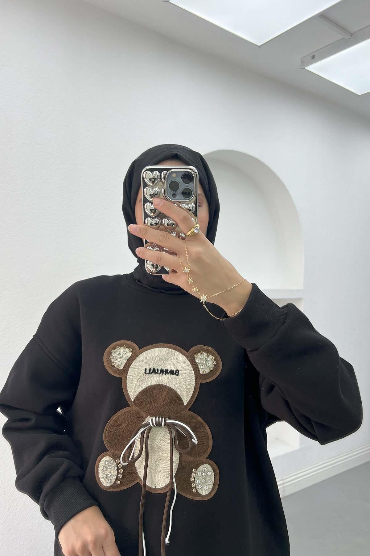 Ayıcık Figürlü Taşlı Sweatshirt Siyah