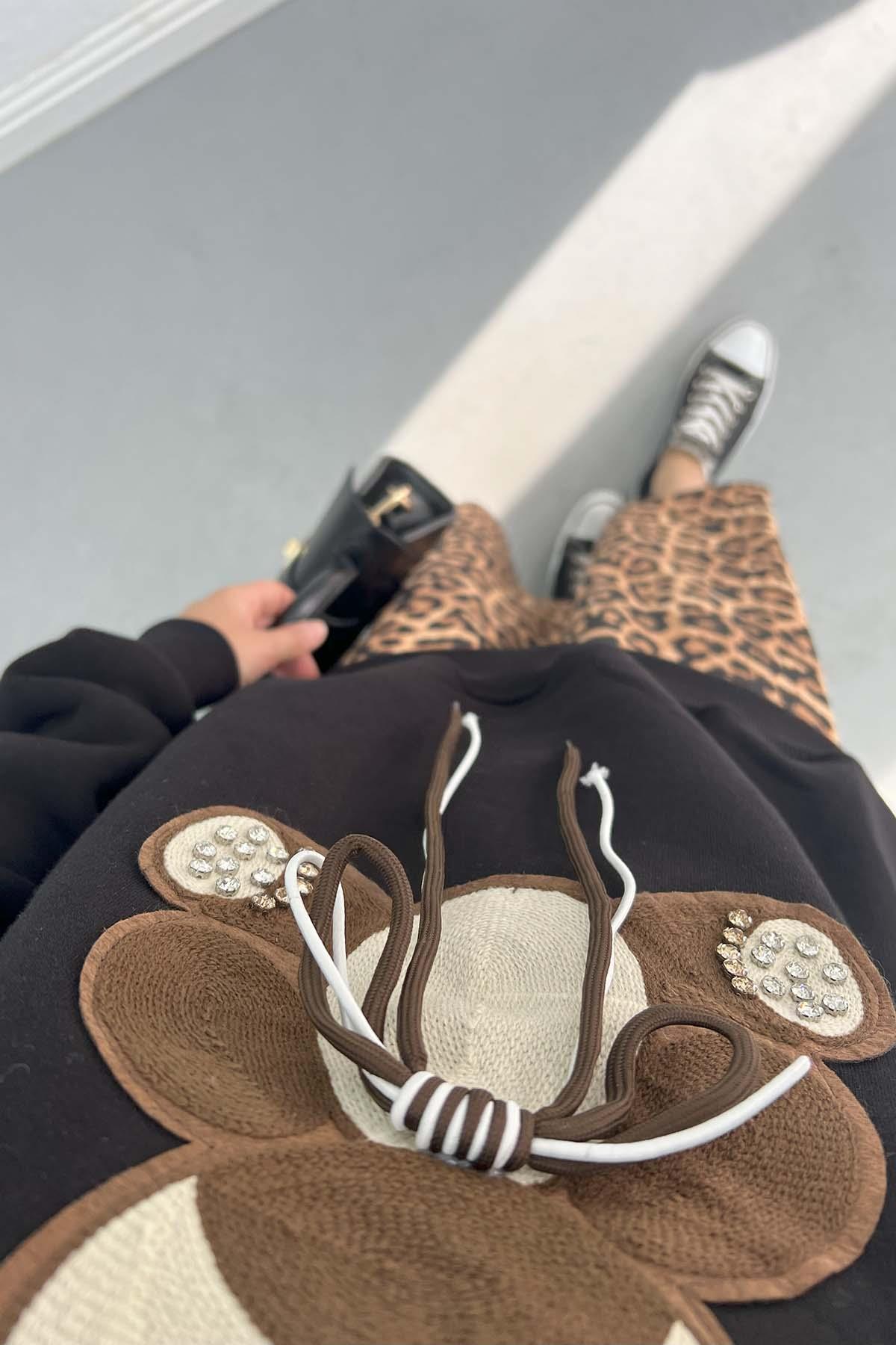 Ayıcık Figürlü Taşlı Sweatshirt Siyah