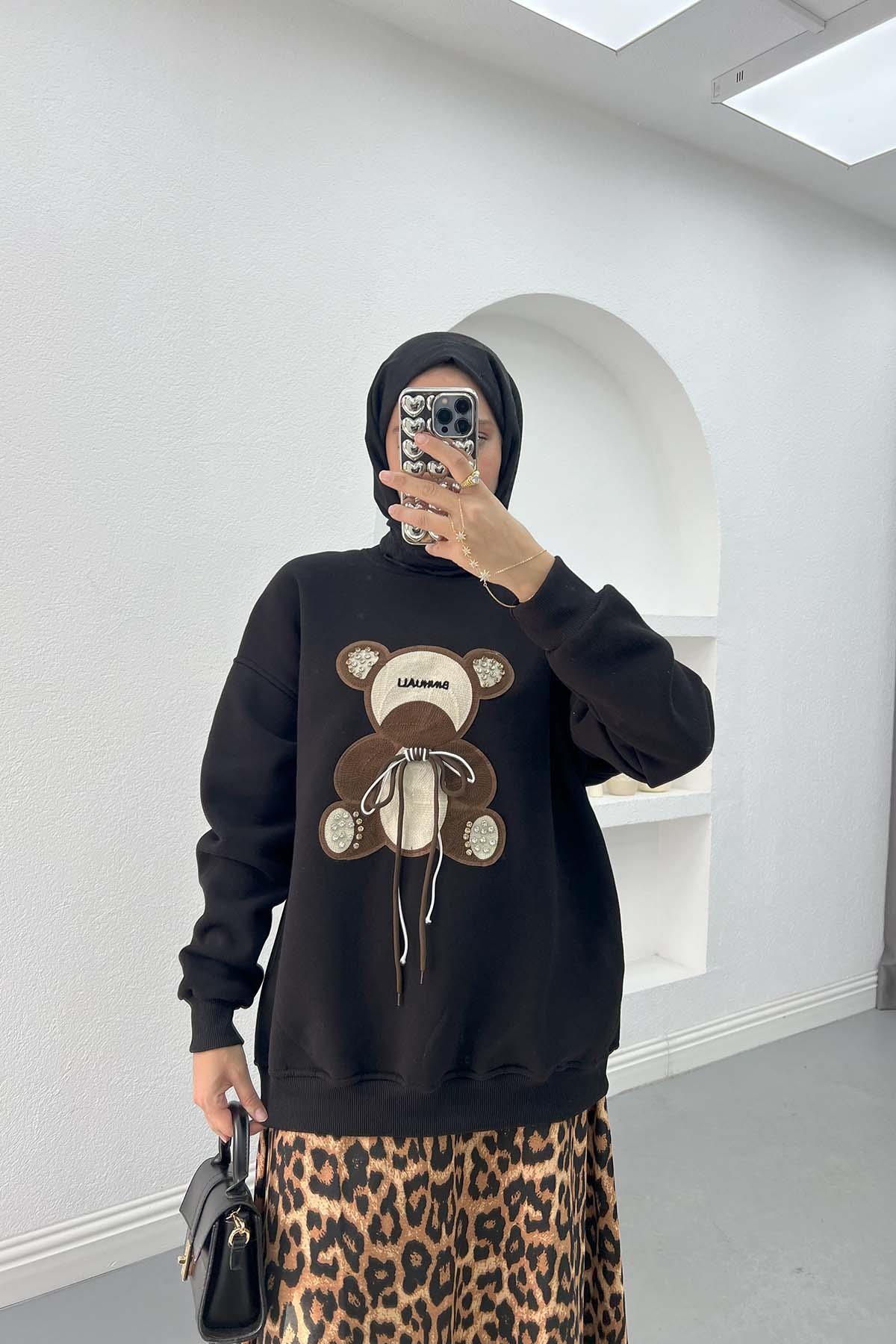 Ayıcık Figürlü Taşlı Sweatshirt Siyah