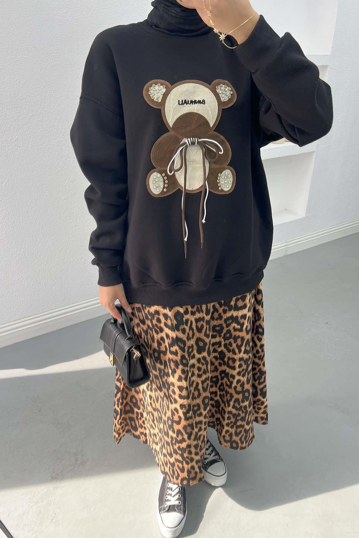 Ayıcık Figürlü Taşlı Sweatshirt Siyah