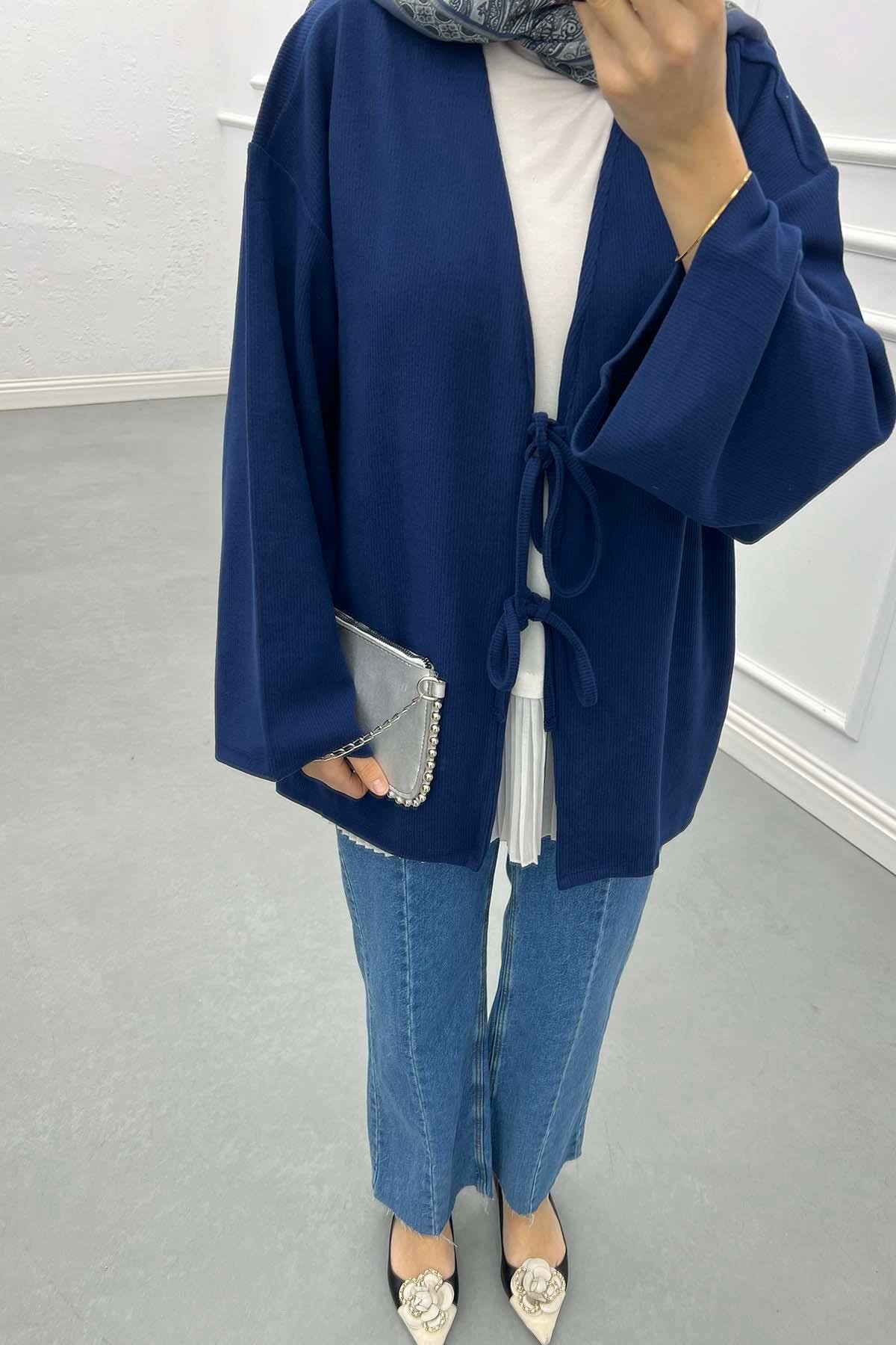 Bağcık Detaylı Kimono Hırka Lacivert