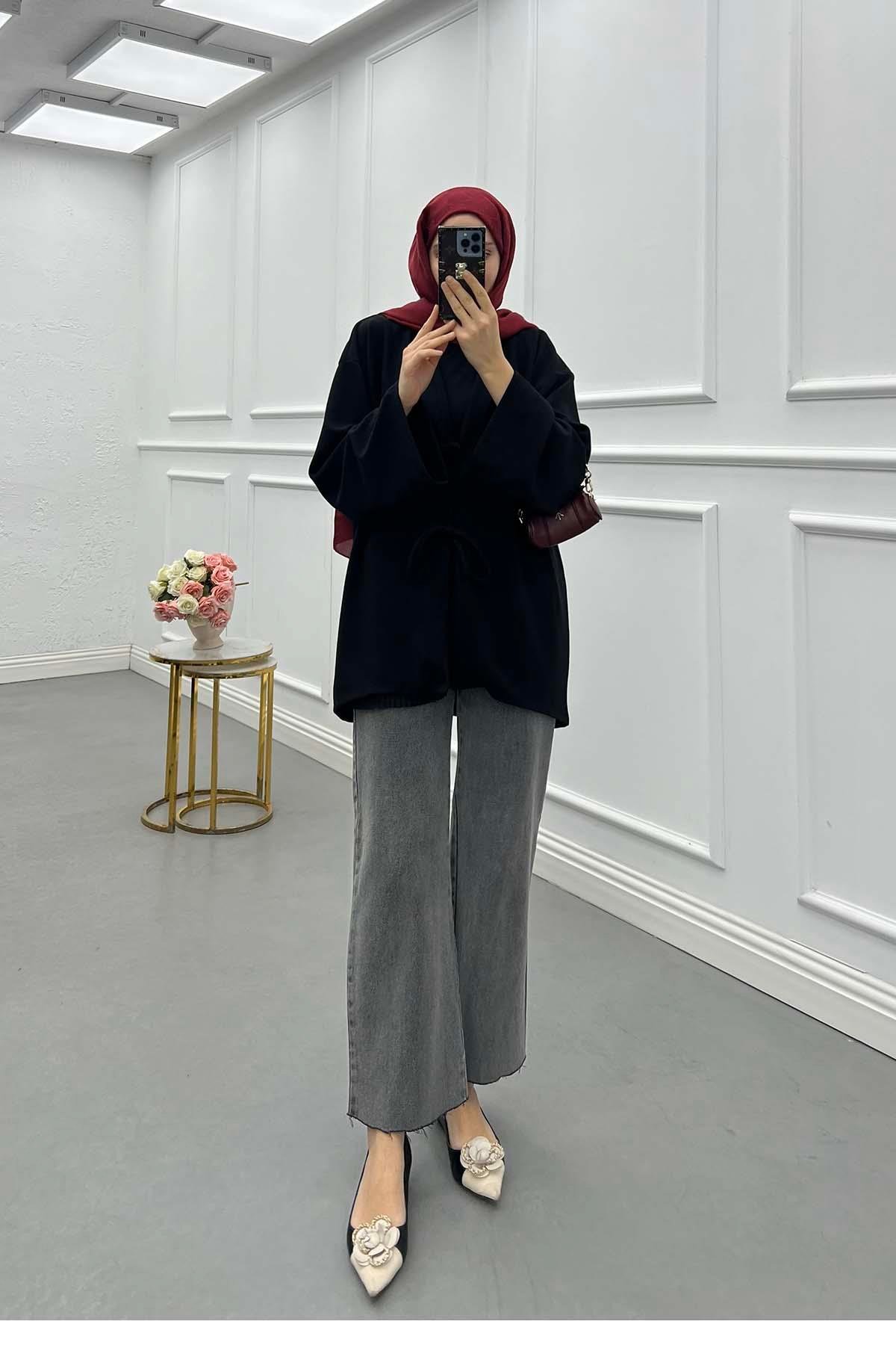 Bağcık Detaylı Kimono Hırka Siyah