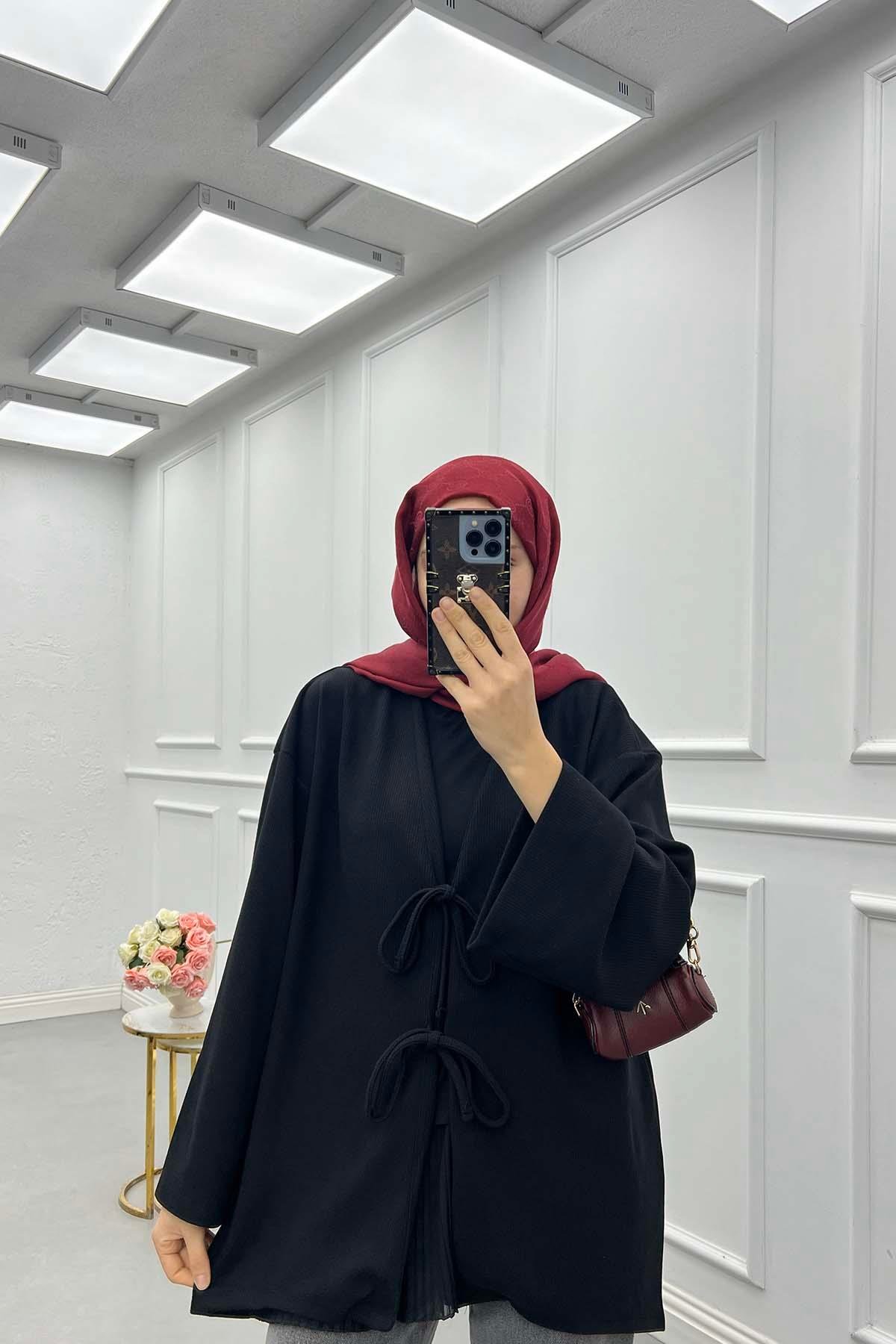 Bağcık Detaylı Kimono Hırka Siyah