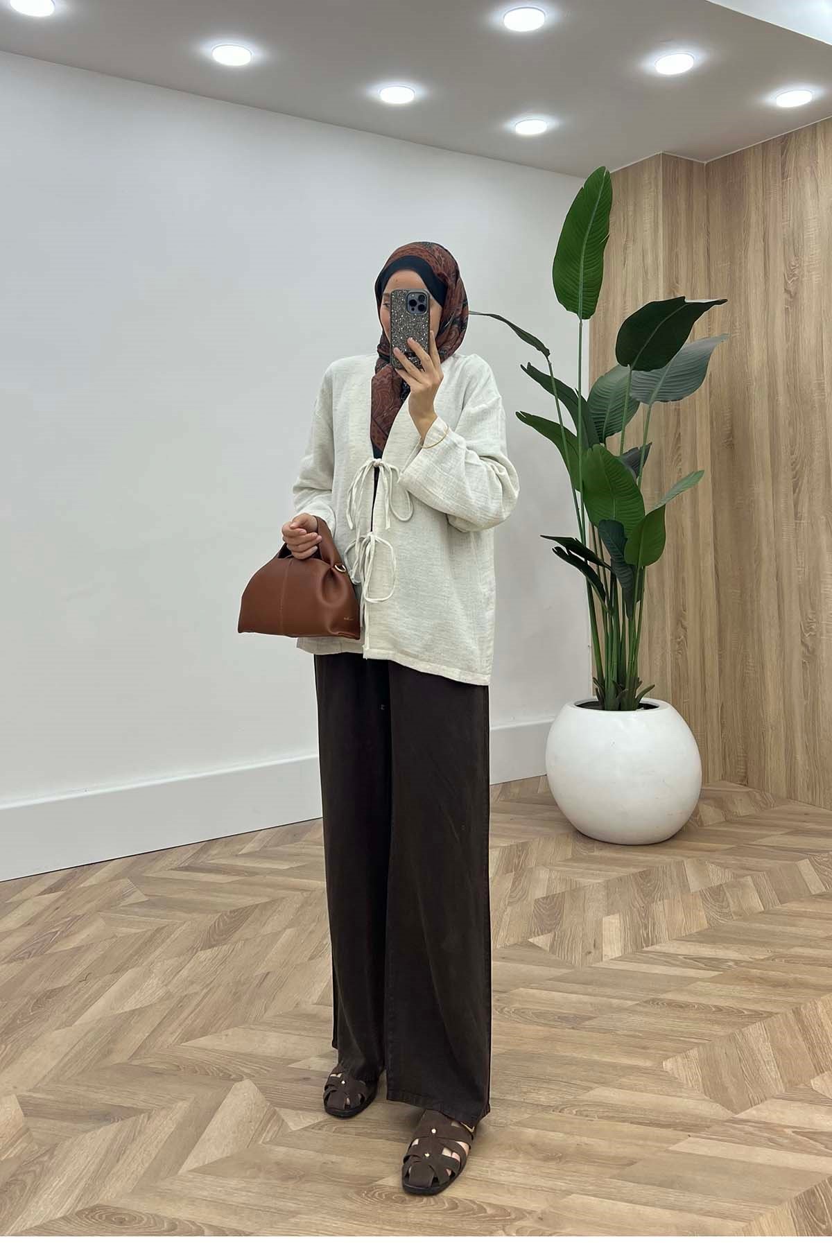 Bağcıklı Doğal Keten Kimono Krem